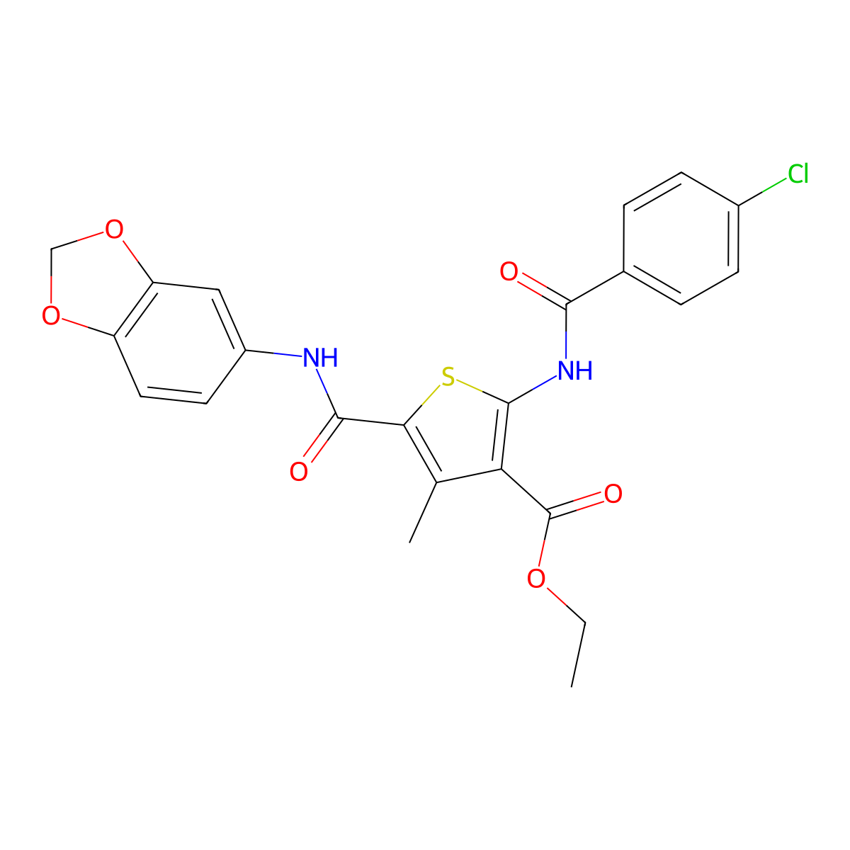 Ethyl 5-(1,3-benzodioxol-5-ylcarbamoyl)-2-{[(4-chlorophenyl)carbonyl]amino}-4-methylthiophene-3-carboxylate molecular structure, CAS 312622-62-1