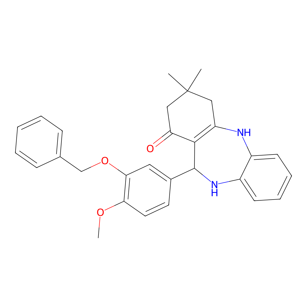 6-(4-methoxy-3-phenylmethoxyphenyl)-9,9-dimethyl-6,8,10,11-tetrahydro-5H-benzo[b][1,4]benzodiazepin-7-one molecular structure, CAS 312622-71-2