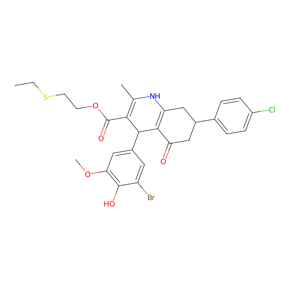 2-(Ethylsulfanyl)ethyl 4-(3-bromo-4-hydroxy-5-methoxyphenyl)-7-(4-chlorophenyl)-2-methyl-5-oxo-1,4,5,6,7,8-hexahydroquinoline-3-carboxylate molecular structure, CAS 312622-85-8