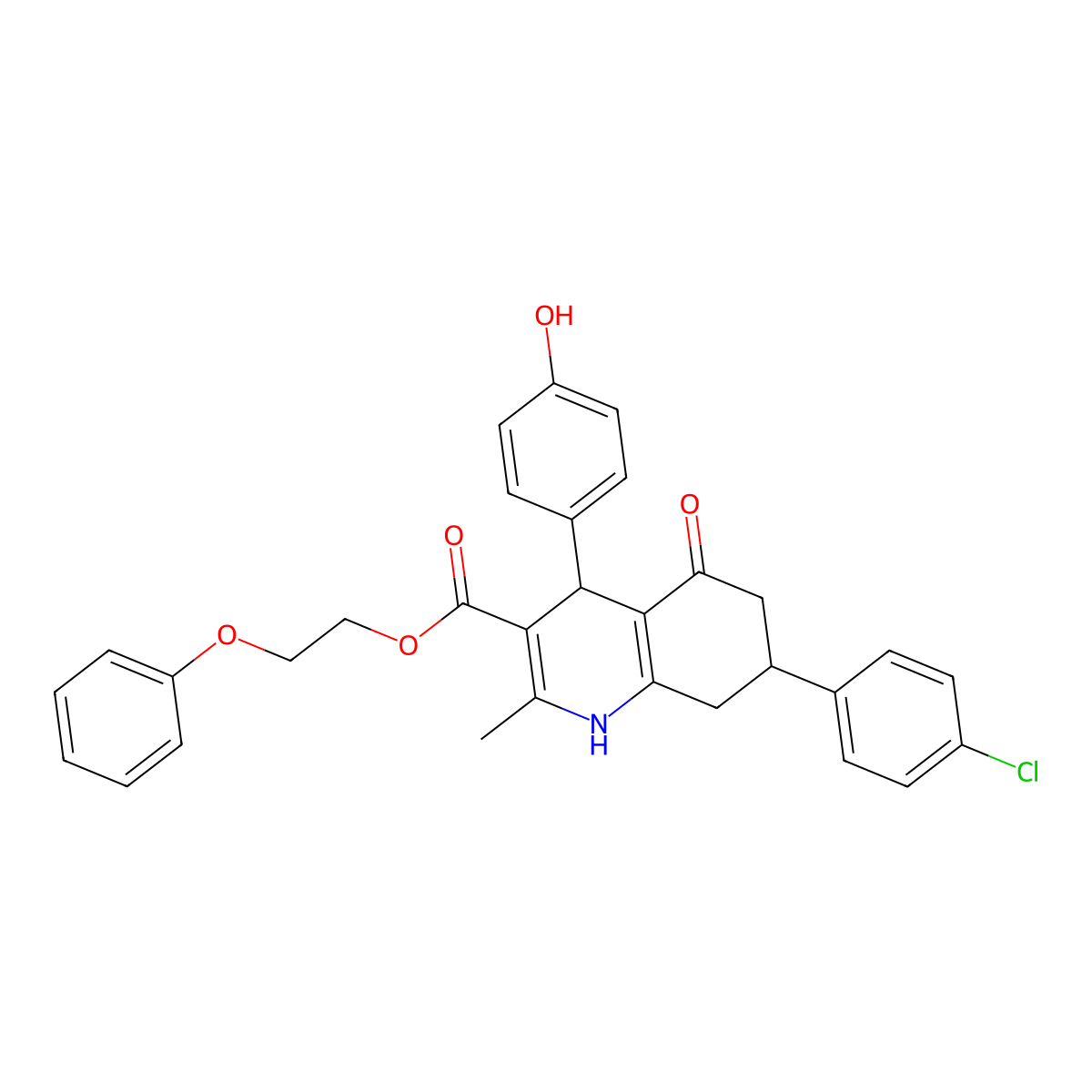 2-Phenoxyethyl 7-(4-chlorophenyl)-4-(4-hydroxyphenyl)-2-methyl-5-oxo-1,4,5,6,7,8-hexahydroquinoline-3-carboxylate molecular structure, CAS 312622-89-2