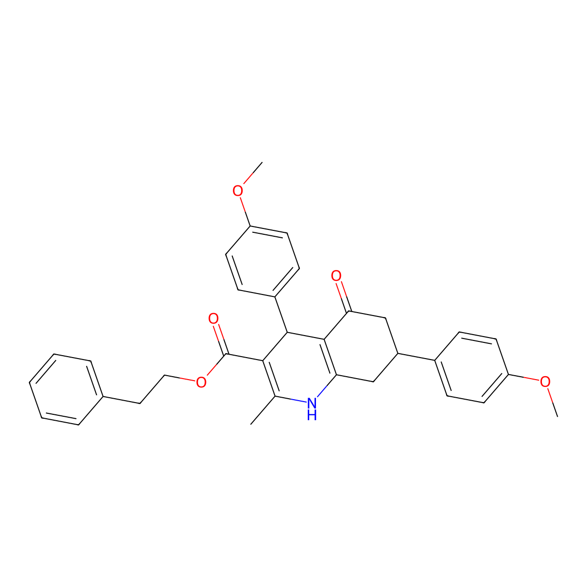 2-Phenylethyl 4,7-bis(4-methoxyphenyl)-2-methyl-5-oxo-1,4,5,6,7,8-hexahydroquinoline-3-carboxylate molecular structure, CAS 312622-90-5