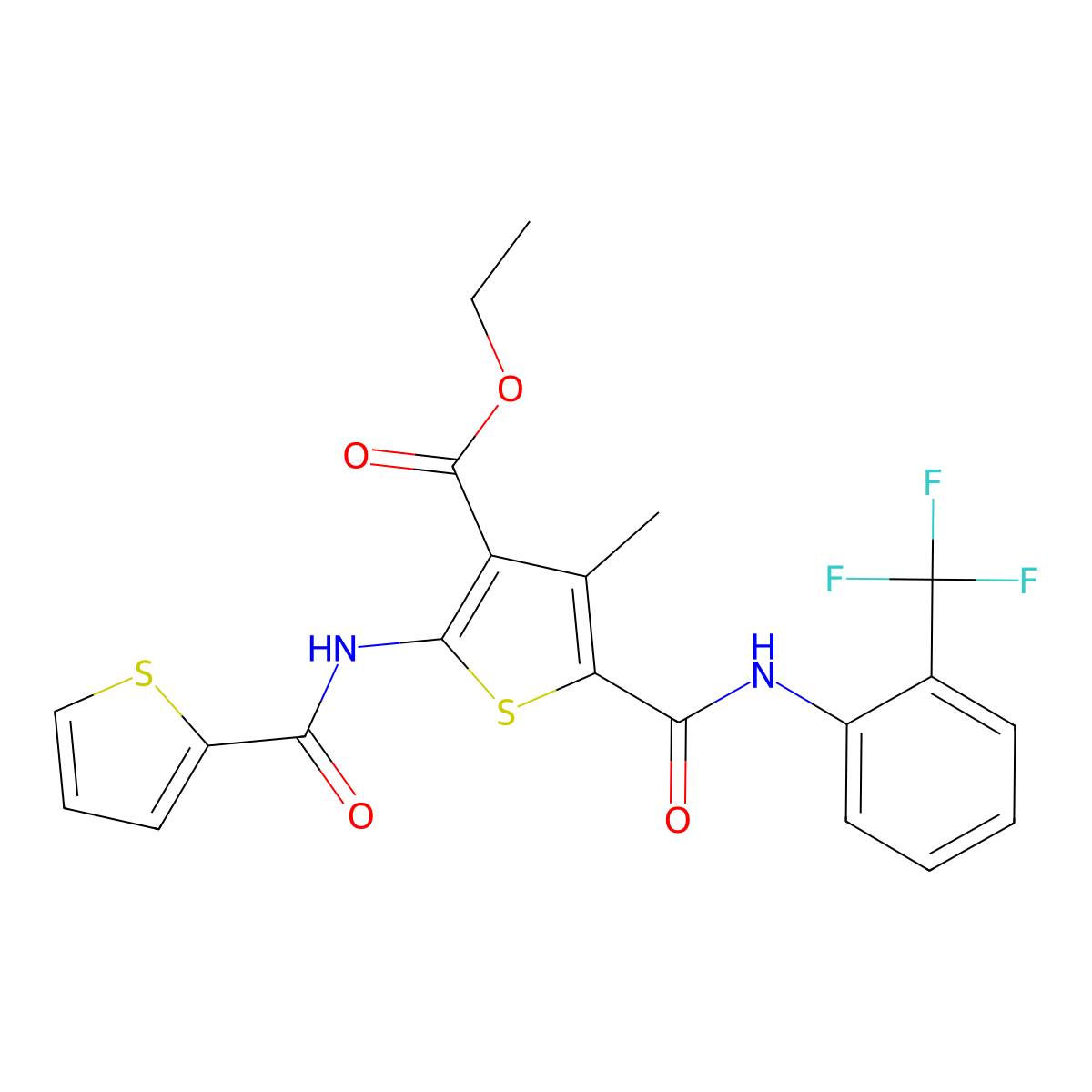 Ethyl 4-methyl-2-(thiophene-2-amido)-5-{[2-(trifluoromethyl)phenyl]carbamoyl}thiophene-3-carboxylate molecular structure, CAS 312623-08-8