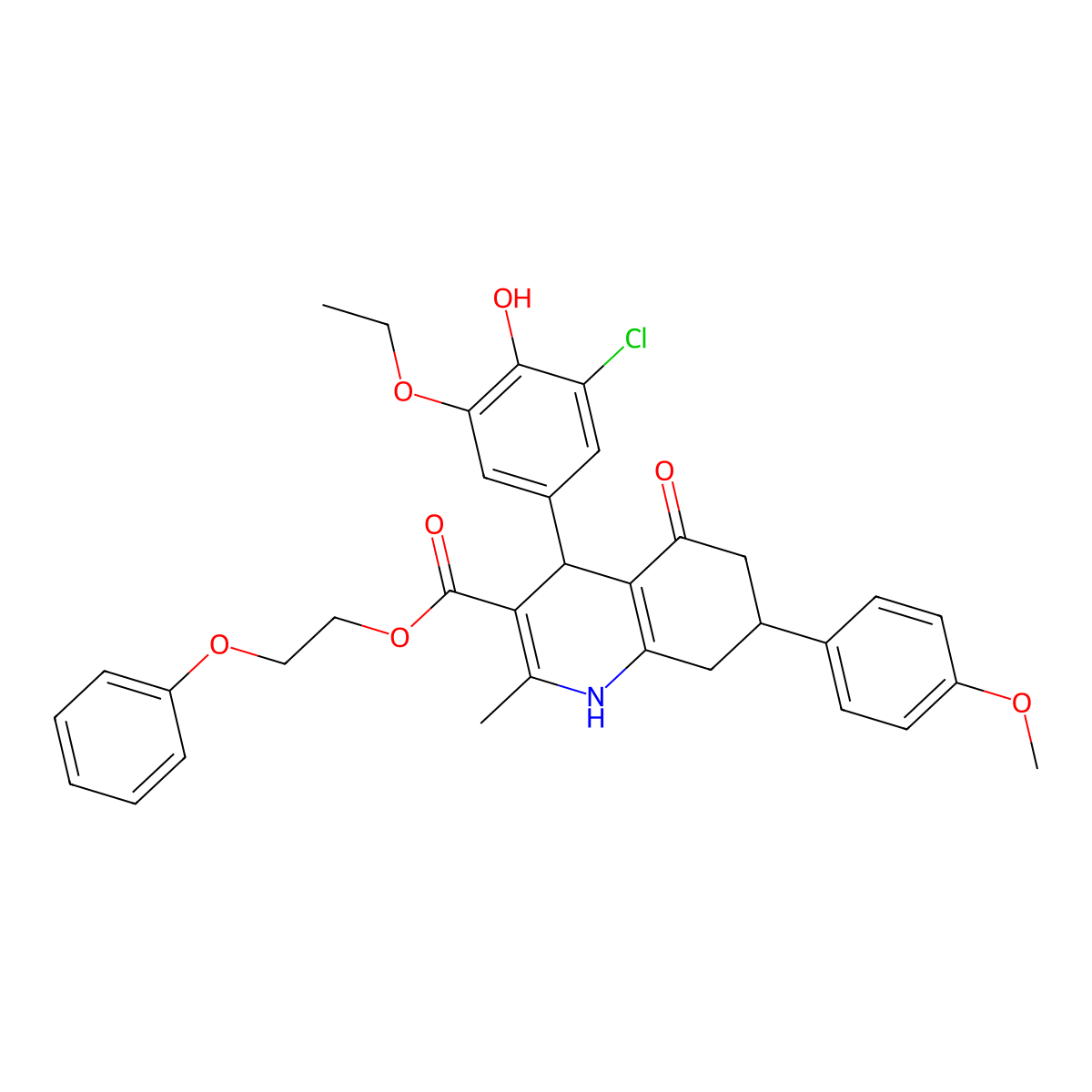 2-Phenoxyethyl 4-(3-chloro-5-ethoxy-4-hydroxyphenyl)-7-(4-methoxyphenyl)-2-methyl-5-oxo-1,4,5,6,7,8-hexahydroquinoline-3-carboxylate molecular structure, CAS 312623-22-6