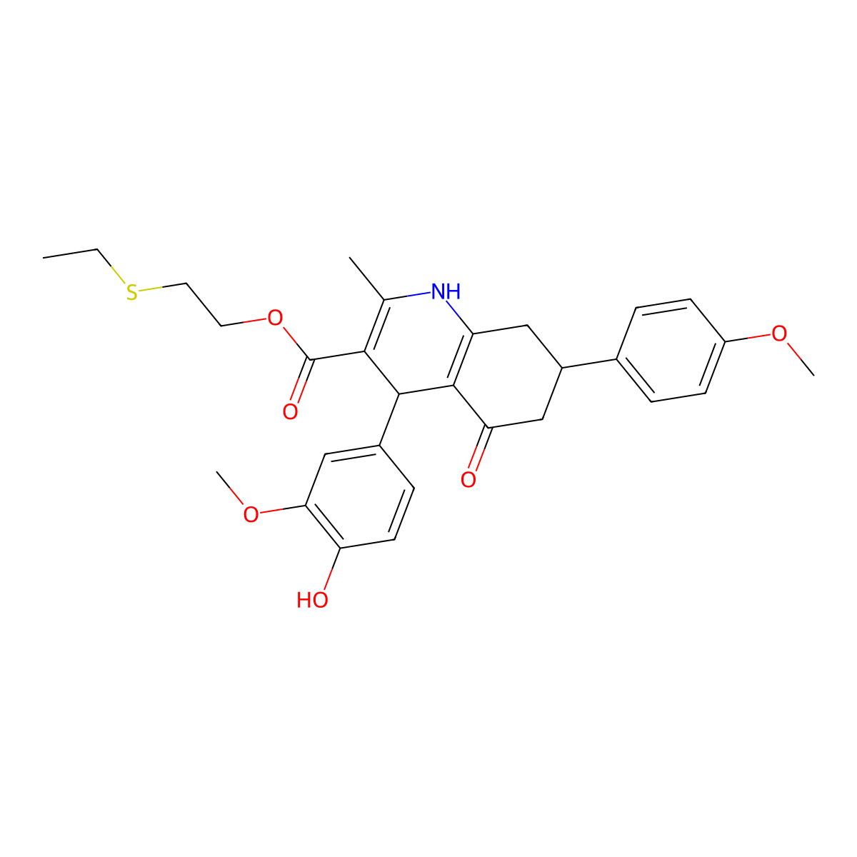 2-(Ethylsulfanyl)ethyl 4-(4-hydroxy-3-methoxyphenyl)-7-(4-methoxyphenyl)-2-methyl-5-oxo-1,4,5,6,7,8-hexahydroquinoline-3-carboxylate molecular structure, CAS 312623-24-8