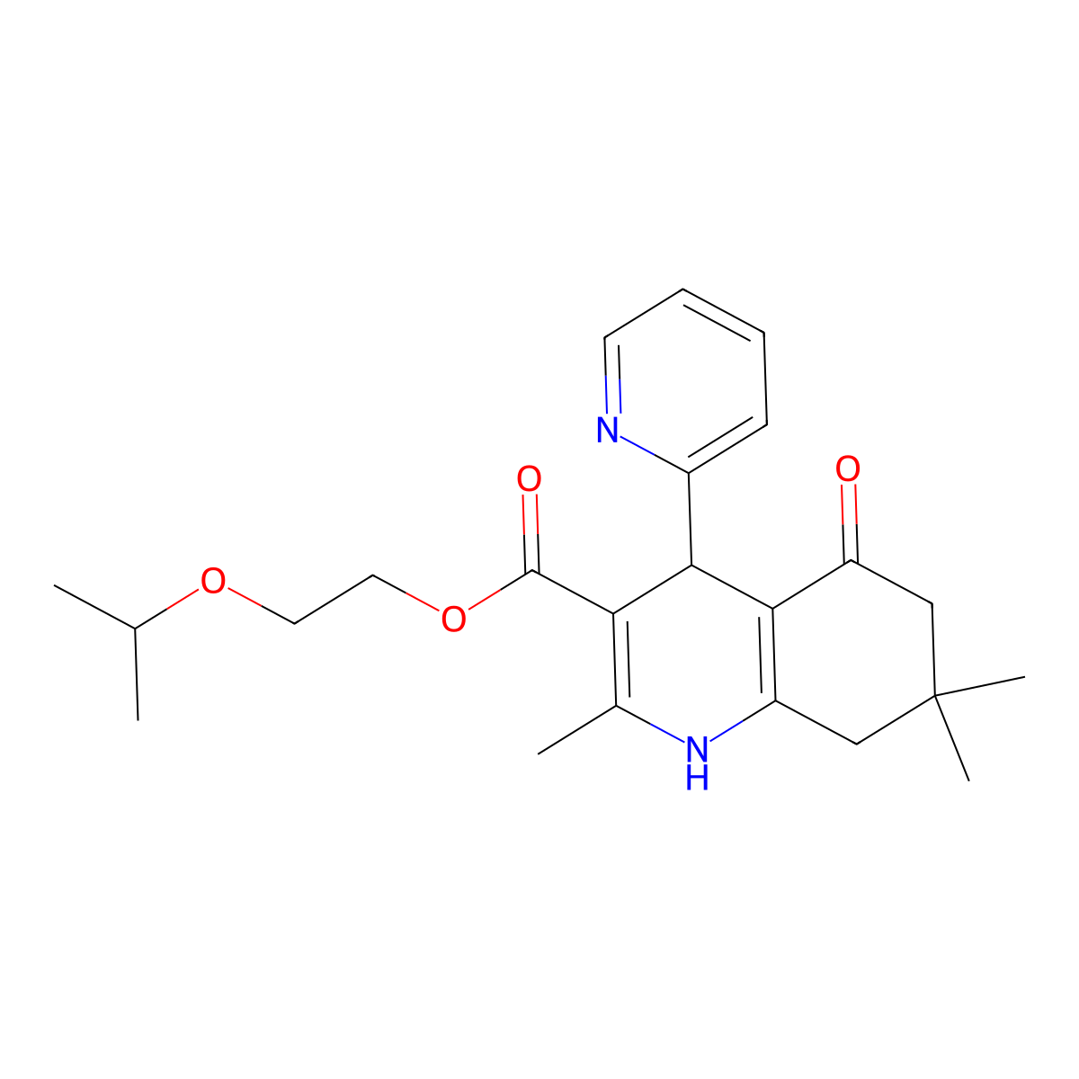 2-Isopropoxyethyl 2,7,7-trimethyl-5-oxo-4-(2-pyridinyl)-1,4,5,6,7,8-hexahydro-3-quinolinecarboxylate molecular structure, CAS 312623-27-1