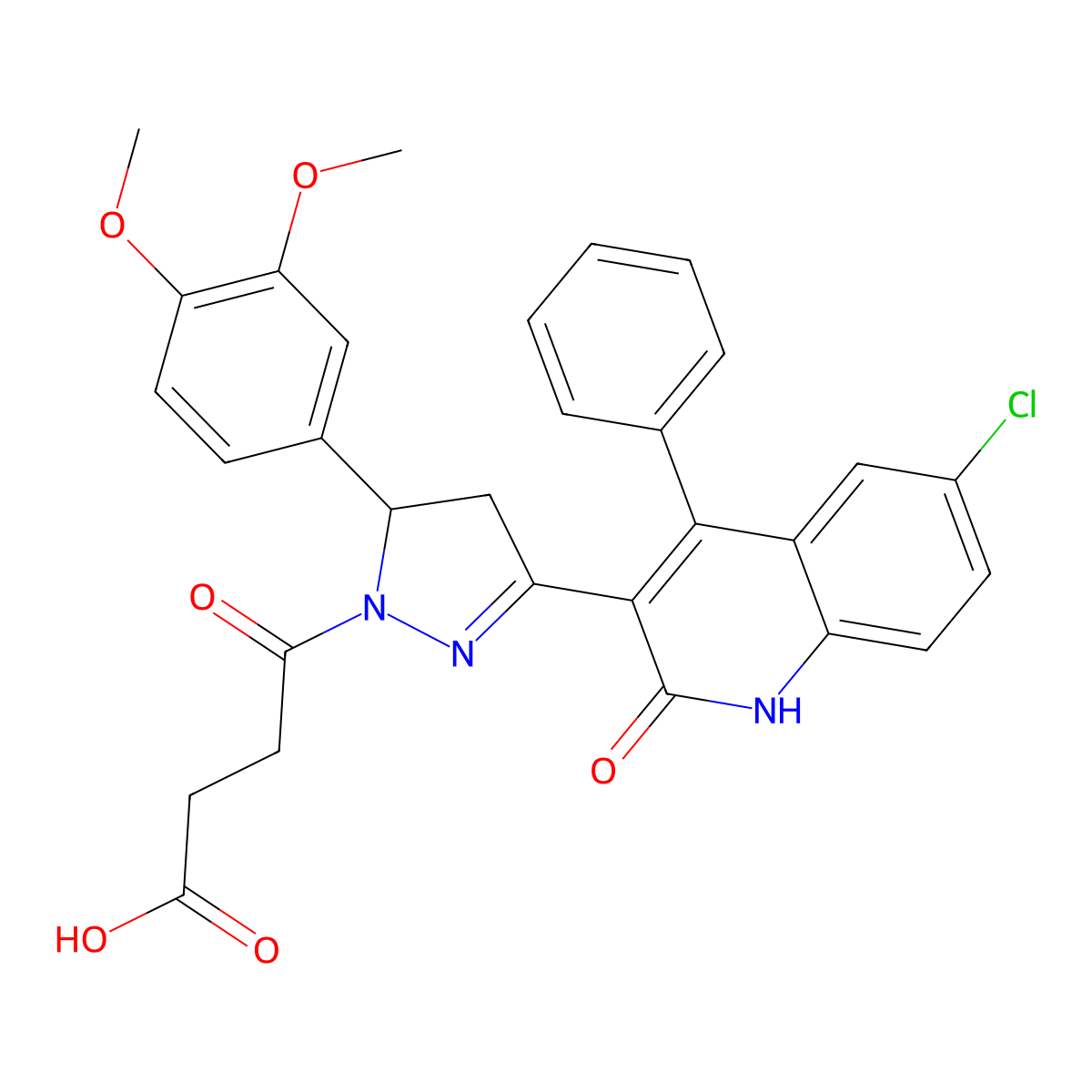 4-[3-(6-chloro-2-hydroxy-4-phenylquinolin-3-yl)-5-(3,4-dimethoxyphenyl)-4,5-dihydro-1H-pyrazol-1-yl]-4-oxobutanoic acid molecular structure, CAS 312623-46-4