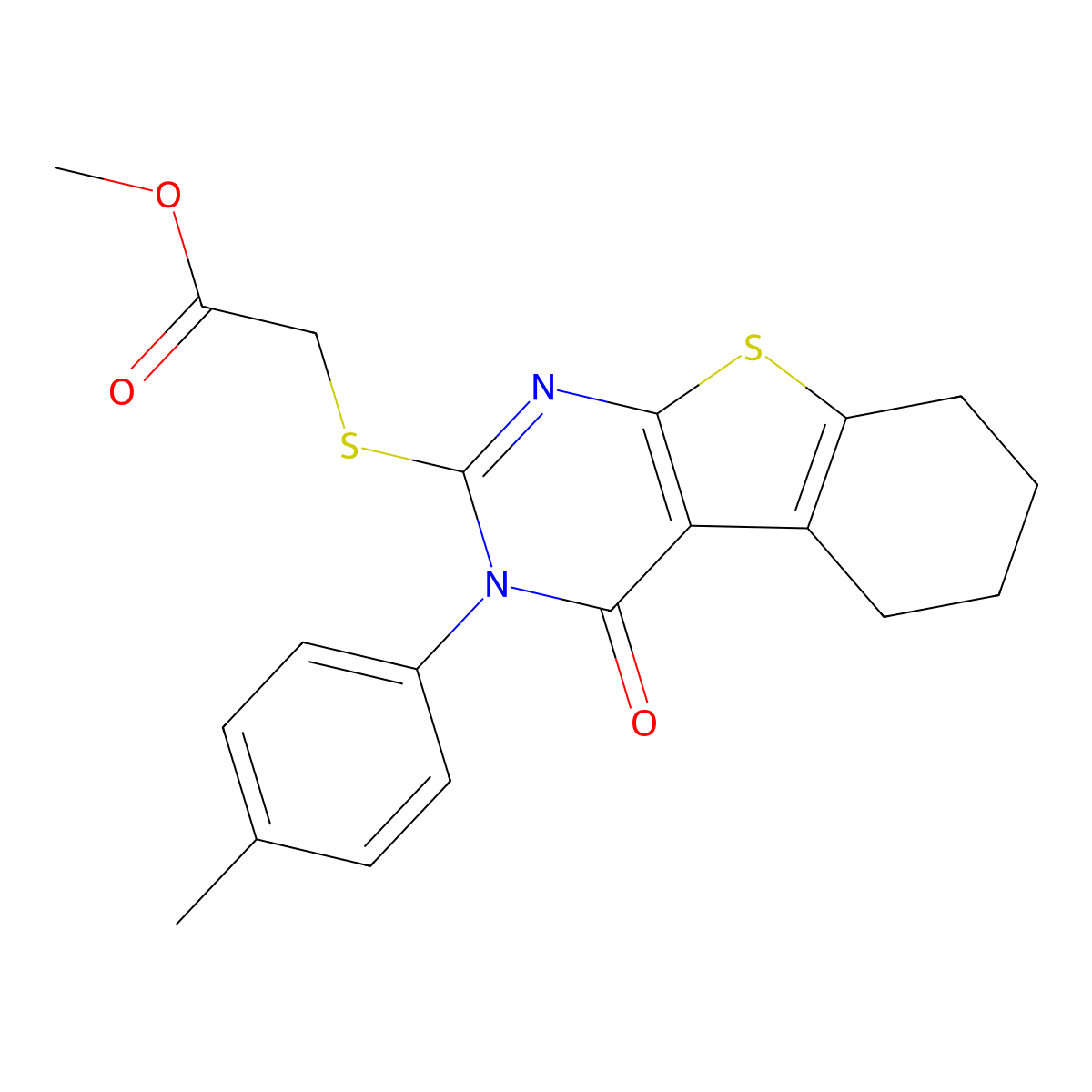 Methyl 2-{[4-(4-methylphenyl)-3-oxo-8-thia-4,6-diazatricyclo[7.4.0.0,2,7]trideca-1(9),2(7),5-trien-5-yl]sulfanyl}acetate molecular structure, CAS 312625-68-6