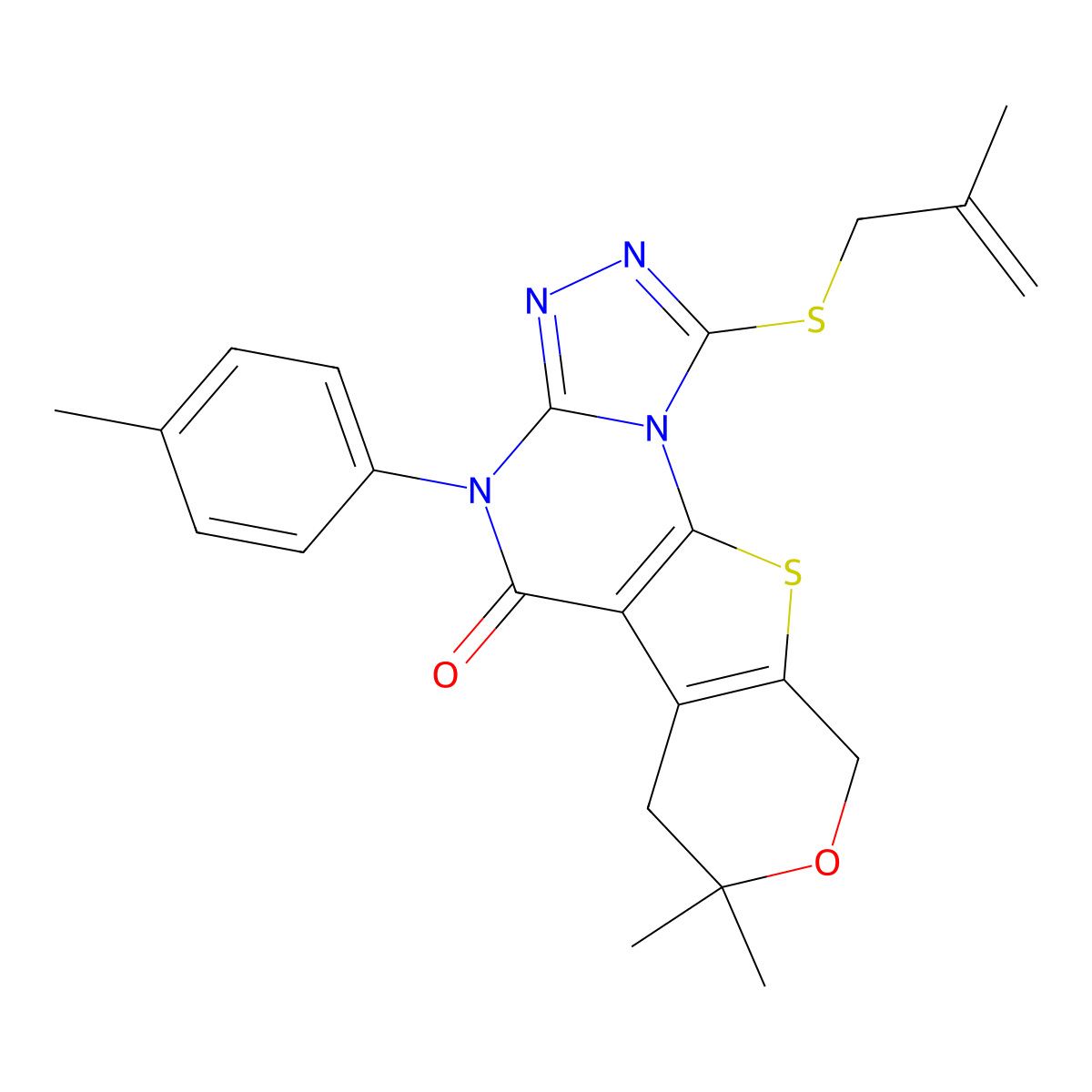 12,12-Dimethyl-7-(4-methylphenyl)-3-(2-methylprop-2-enylsulfanyl)-13-oxa-16-thia-2,4,5,7-tetrazatetracyclo[7.7.0.02,6.010,15]hexadeca-1(9),3,5,10(15)-tetraen-8-one molecular structure, CAS 312625-69-7