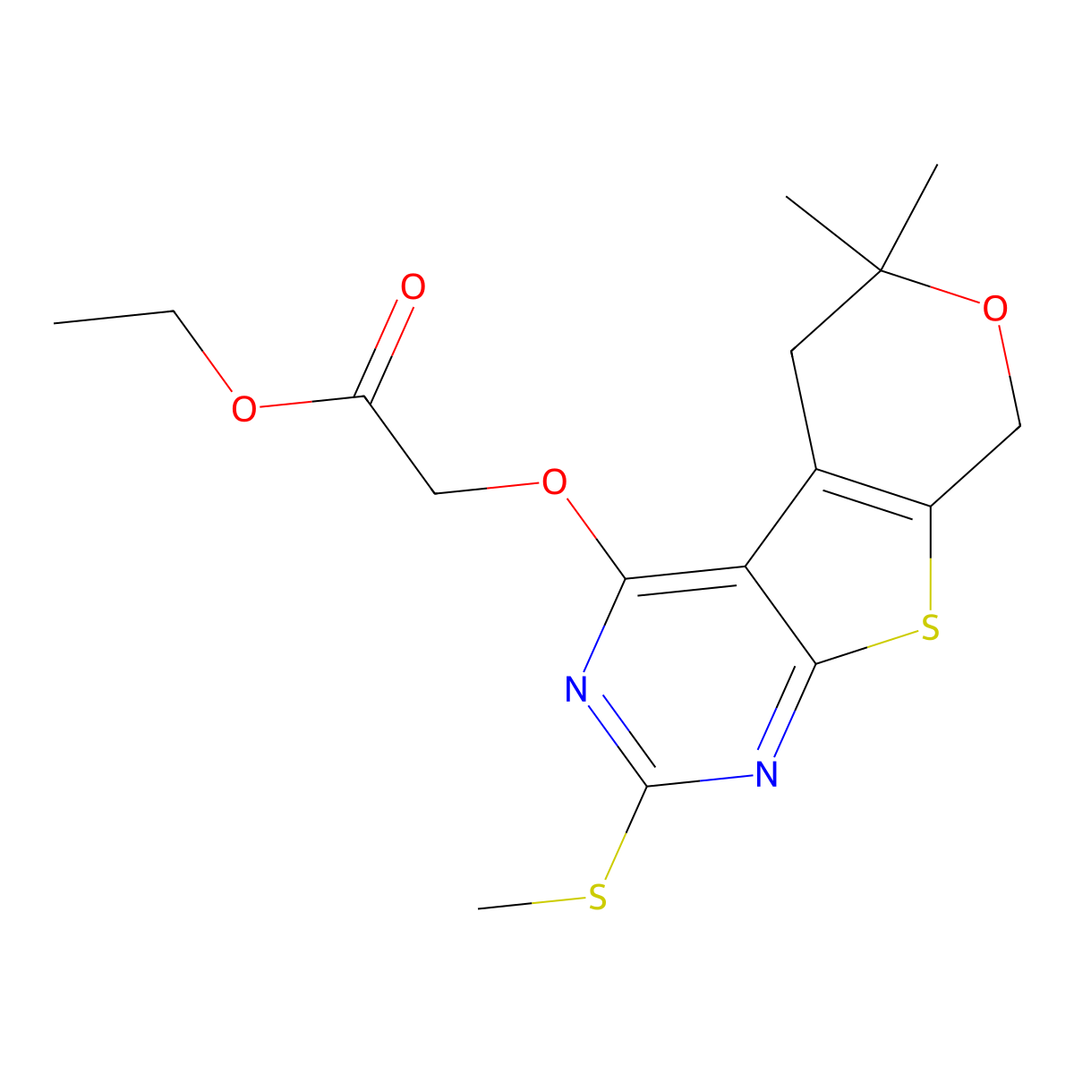 ethyl 2-((6,6-dimethyl-2-(methylthio)-6,8-dihydro-5H-pyrano[4',3':4,5]thieno[2,3-d]pyrimidin-4-yl)oxy)acetate molecular structure, CAS 312625-83-5