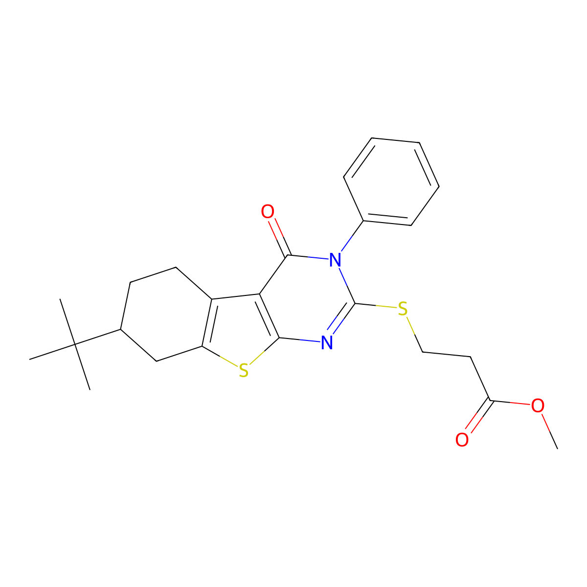 Methyl 3-[(7-tert-butyl-4-oxo-3-phenyl-5,6,7,8-tetrahydro-[1]benzothiolo[2,3-d]pyrimidin-2-yl)sulfanyl]propanoate molecular structure, CAS 312625-88-0