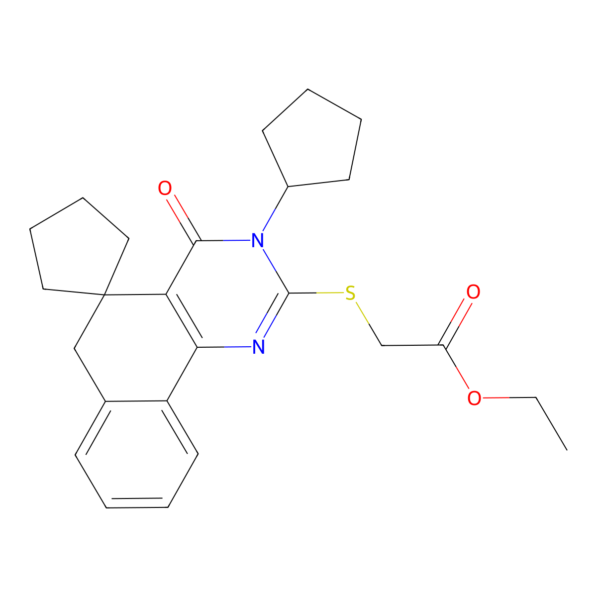 Ethyl [(3-cyclopentyl-4-oxo-3,4,5,6-tetrahydrospiro{benzo[h]quinazoline-5,1'-cyclopentane}-2-yl)sulfanyl]acetate molecular structure, CAS 312625-92-6