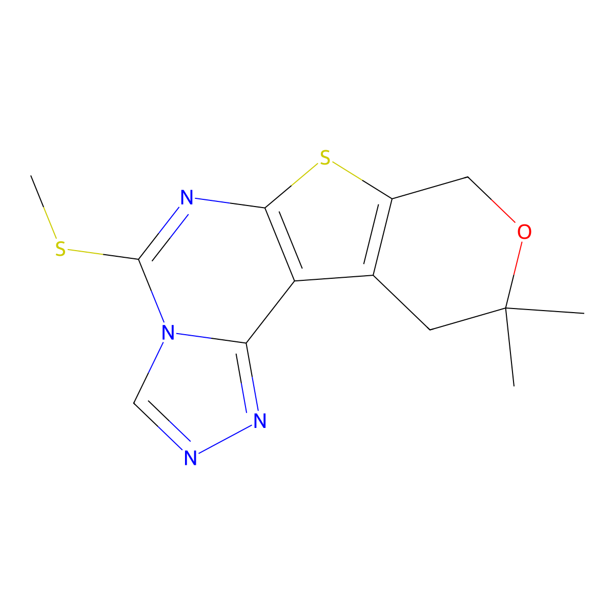 10,10-dimethyl-5-(methylsulfanyl)-10,11-dihydro-8H-pyrano[4',3':4,5]thieno[3,2-e][1,2,4]triazolo[4,3-c]pyrimidine molecular structure, CAS 312626-05-4