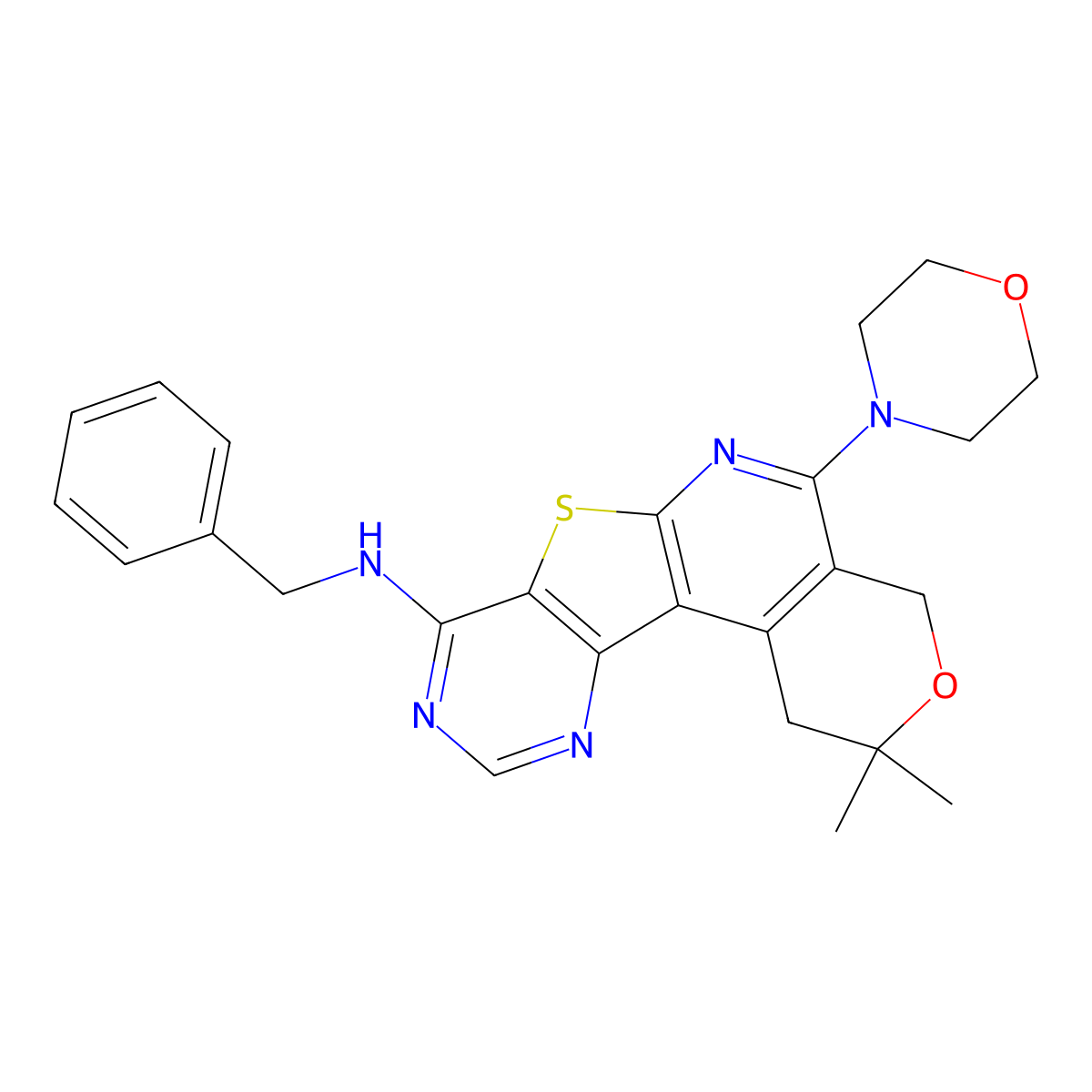 N-benzyl-2,2-dimethyl-5-morpholino-2,4-dihydro-1H-pyrano[4'',3'':4',5']pyrido[3',2':4,5]thieno[3,2-d]pyrimidin-8-amine molecular structure, CAS 312626-08-7