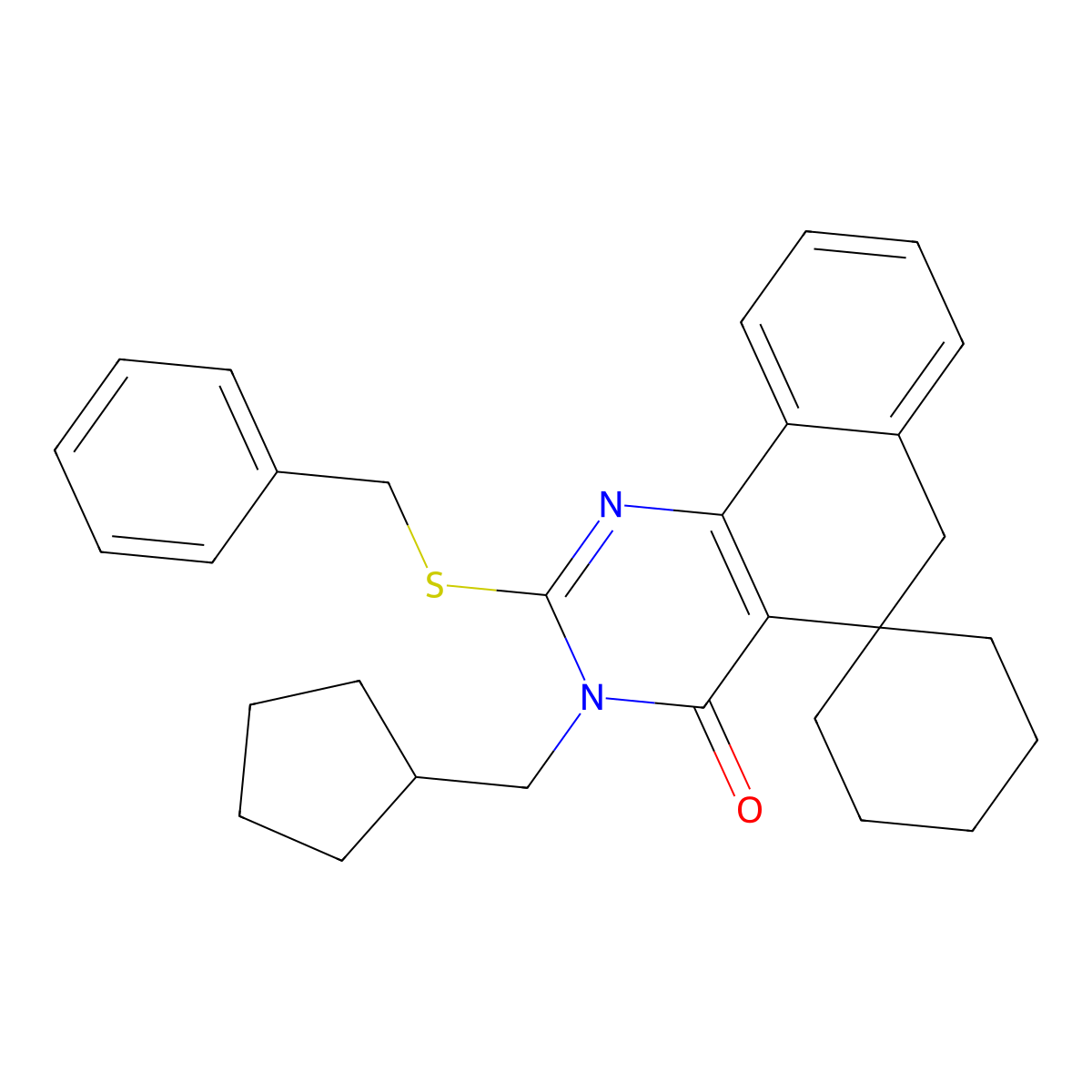 2-(benzylsulfanyl)-3-(cyclopentylmethyl)-5,6-dihydrospiro(benzo[h]quinazoline-5,1'-cyclohexane)-4(3H)-one molecular structure, CAS 312626-12-3