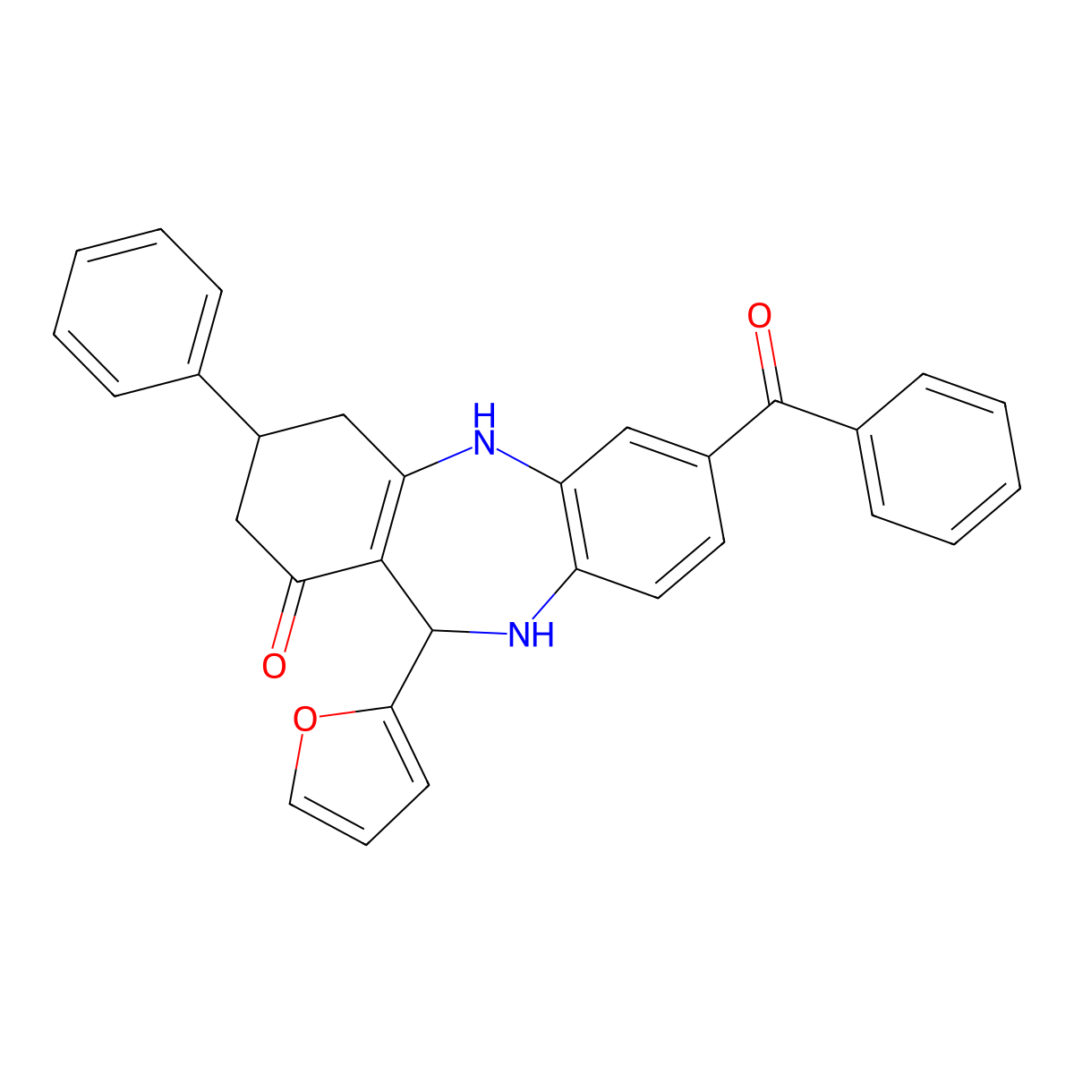 2-Benzoyl-6-(furan-2-yl)-9-phenyl-5,6,8,9,10,11-hexahydrobenzo[b][1,4]benzodiazepin-7-one molecular structure, CAS 312626-38-3