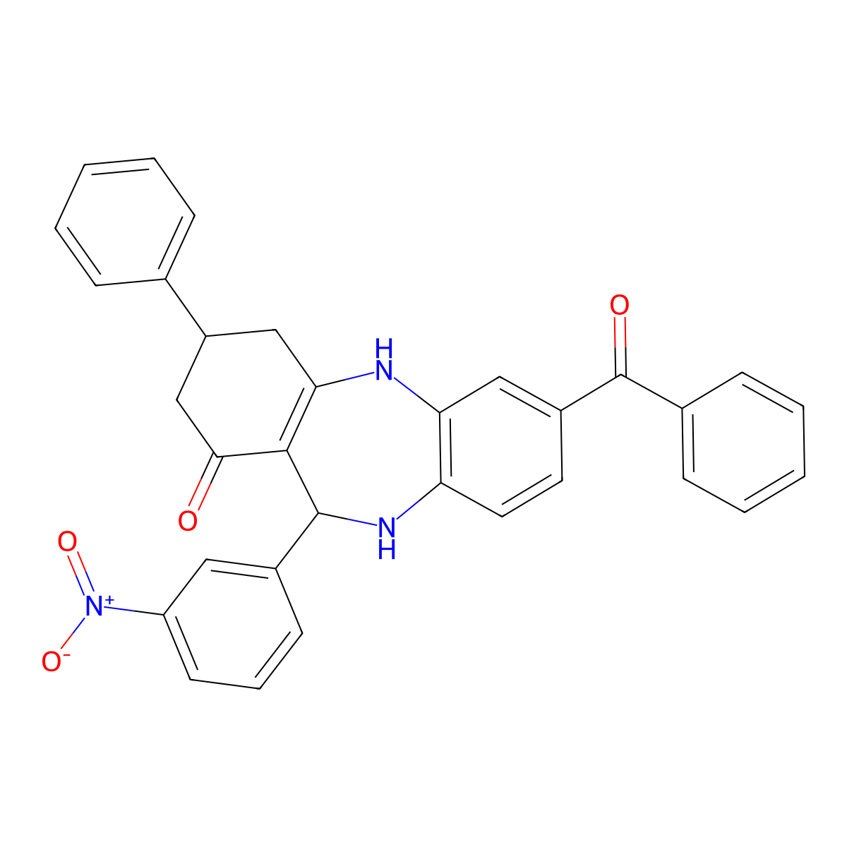 2-Benzoyl-6-(3-nitrophenyl)-9-phenyl-5,6,8,9,10,11-hexahydrobenzo[b][1,4]benzodiazepin-7-one molecular structure, CAS 312626-42-9