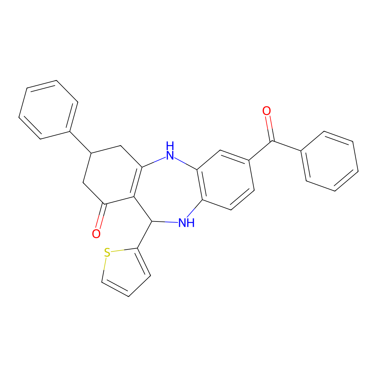 2-Benzoyl-9-phenyl-6-thiophen-2-yl-5,6,8,9,10,11-hexahydrobenzo[b][1,4]benzodiazepin-7-one molecular structure, CAS 312626-43-0