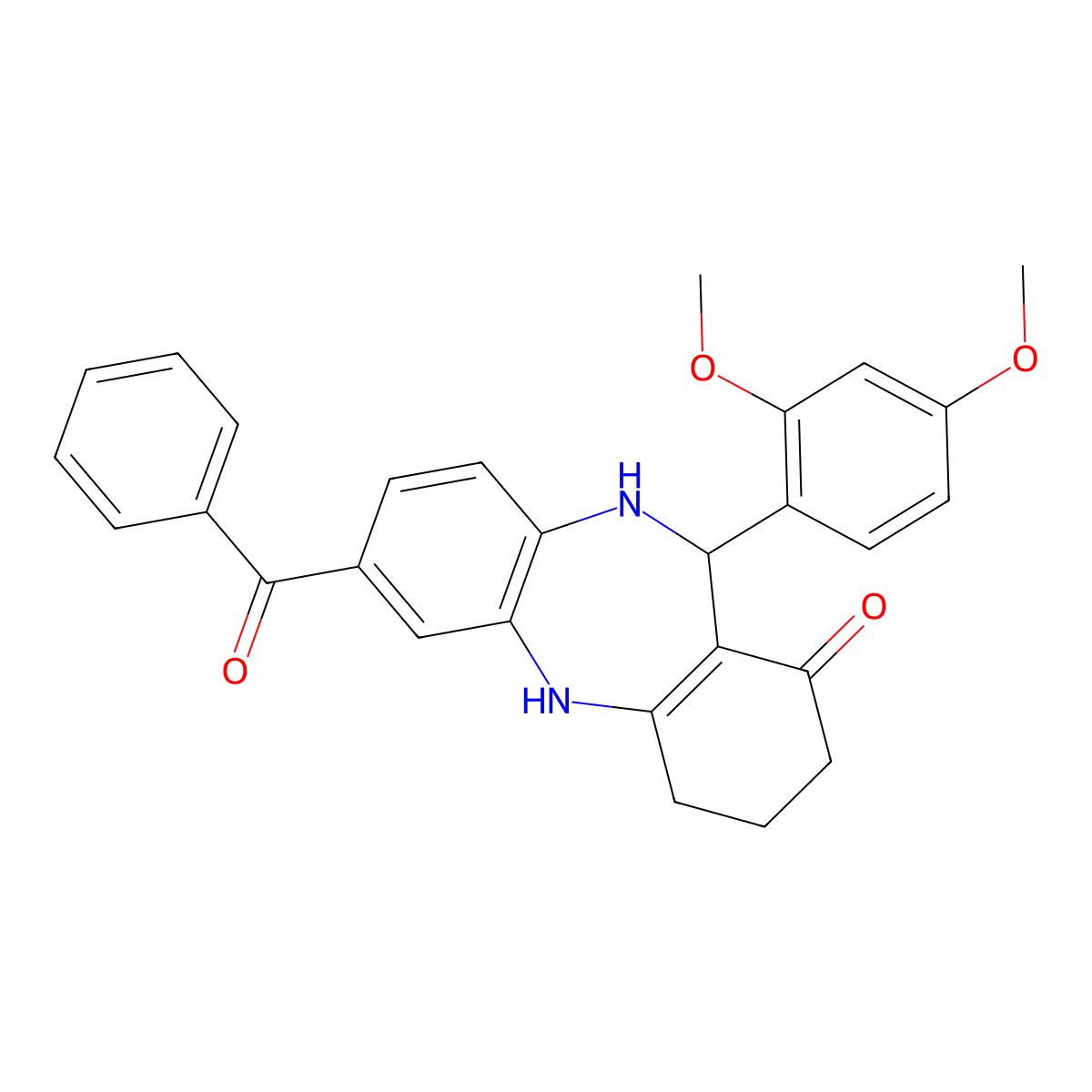 2-Benzoyl-6-(2,4-dimethoxyphenyl)-5,6,8,9,10,11-hexahydrobenzo[b][1,4]benzodiazepin-7-one molecular structure, CAS 312626-49-6