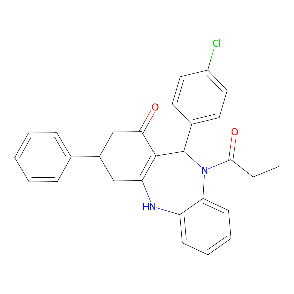 11-(4-chlorophenyl)-3-phenyl-10-propionyl-2,3,4,5,10,11-hexahydro-1H-dibenzo[b,e][1,4]diazepin-1-one molecular structure, CAS 312626-52-1