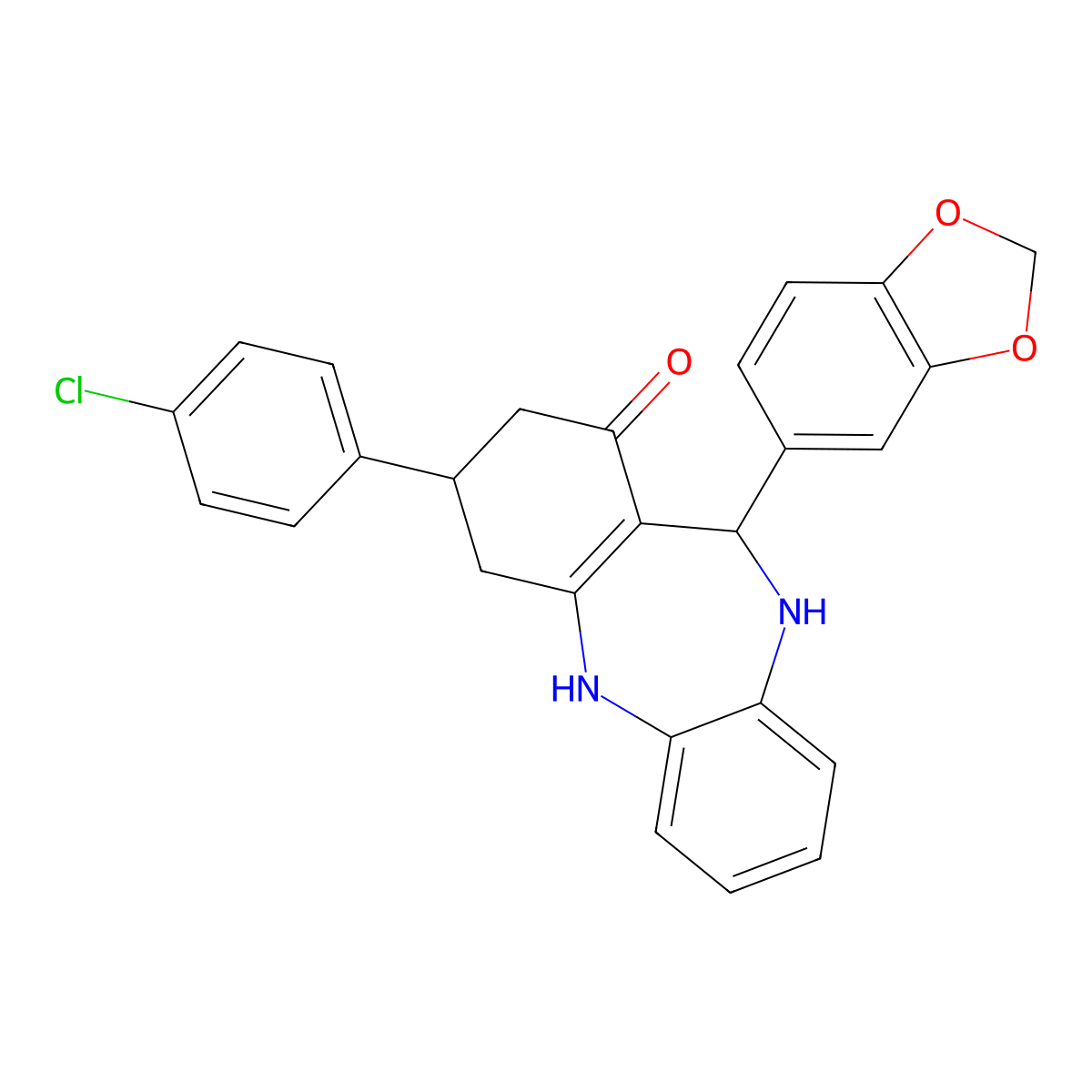 6-(1,3-Benzodioxol-5-yl)-9-(4-chlorophenyl)-5,6,8,9,10,11-hexahydrobenzo[b][1,4]benzodiazepin-7-one molecular structure, CAS 312628-87-8