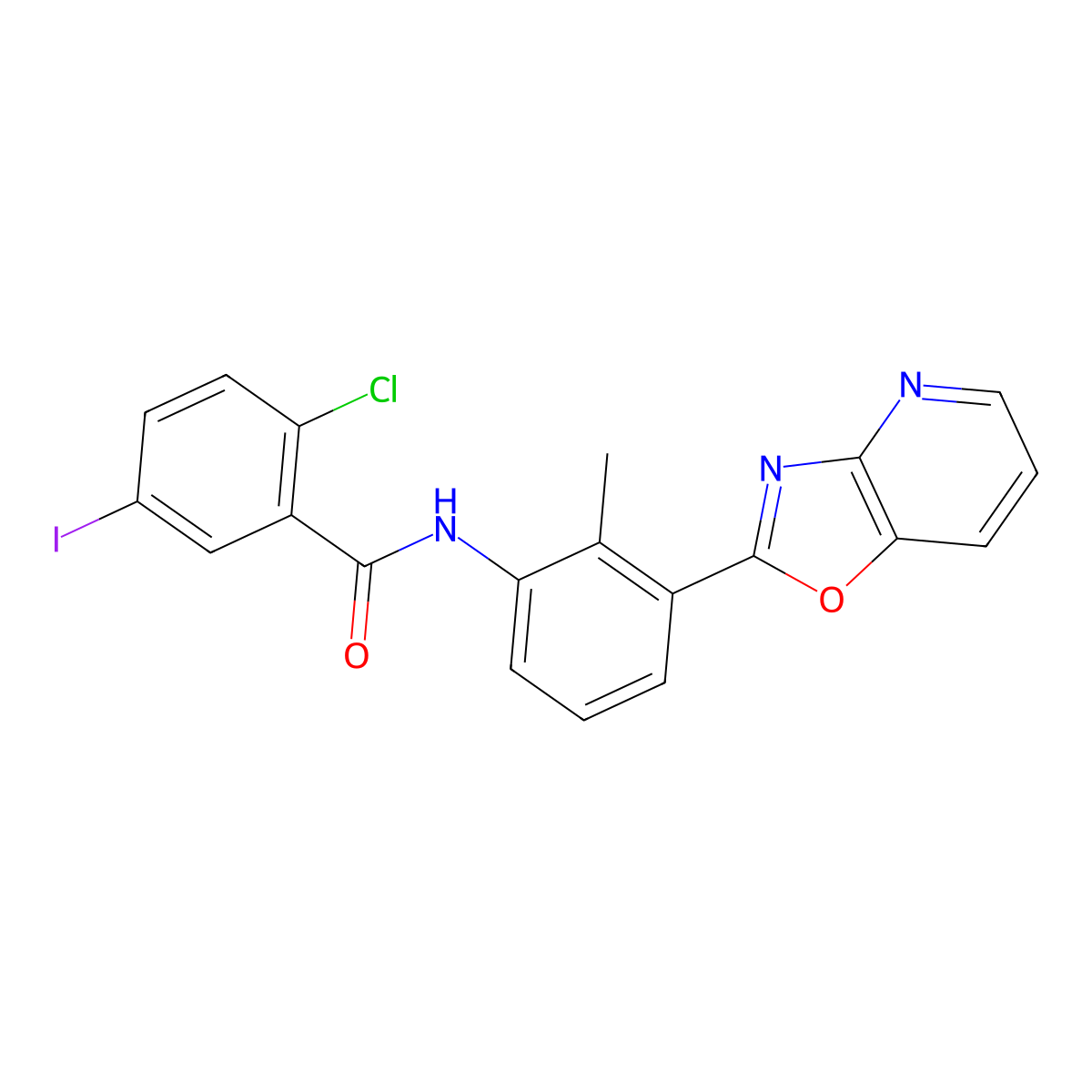 2-chloro-5-iodo-N-[2-methyl-3-([1,3]oxazolo[4,5-b]pyridin-2-yl)phenyl]benzamide molecular structure, CAS 312633-14-0