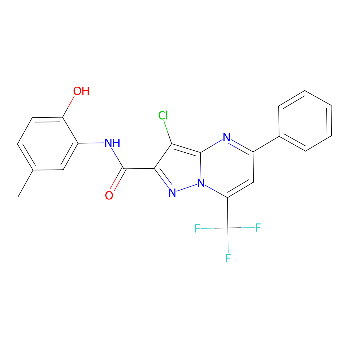3-chloro-N-(2-hydroxy-5-methylphenyl)-5-phenyl-7-(trifluoromethyl)pyrazolo[1,5-a]pyrimidine-2-carboxamide molecular structure, CAS 312634-15-4