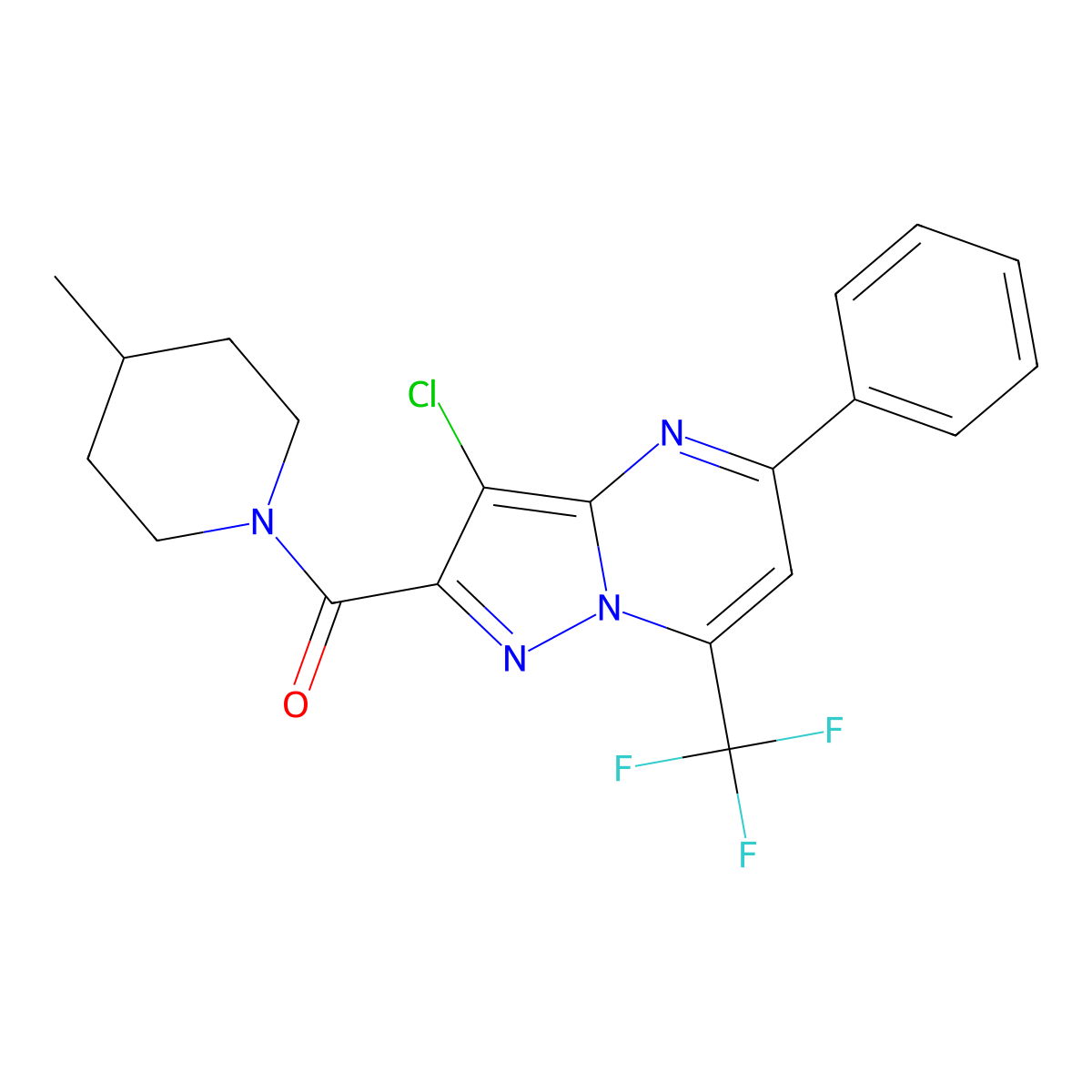 [3-Chloro-5-phenyl-7-(trifluoromethyl)pyrazolo[1,5-a]pyrimidin-2-yl]-(4-methylpiperidin-1-yl)methanone molecular structure, CAS 312634-17-6