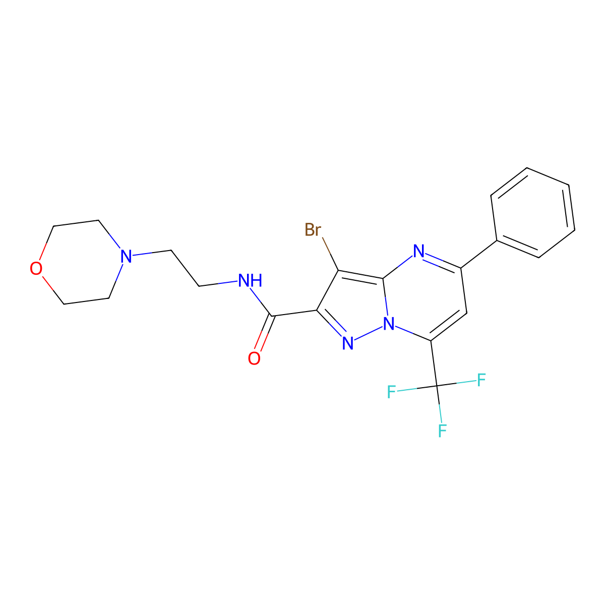 3-bromo-N-(2-morpholin-4-ylethyl)-5-phenyl-7-(trifluoromethyl)pyrazolo[1,5-a]pyrimidine-2-carboxamide molecular structure, CAS 312634-22-3