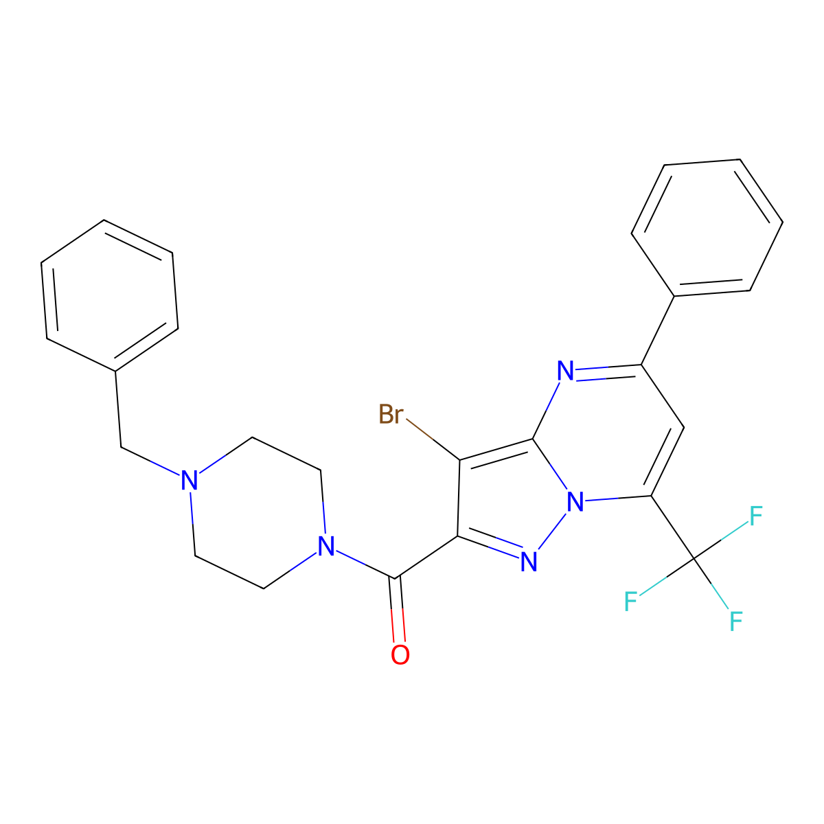 (4-Benzylpiperazin-1-yl)-[3-bromo-5-phenyl-7-(trifluoromethyl)pyrazolo[1,5-a]pyrimidin-2-yl]methanone molecular structure, CAS 312634-24-5