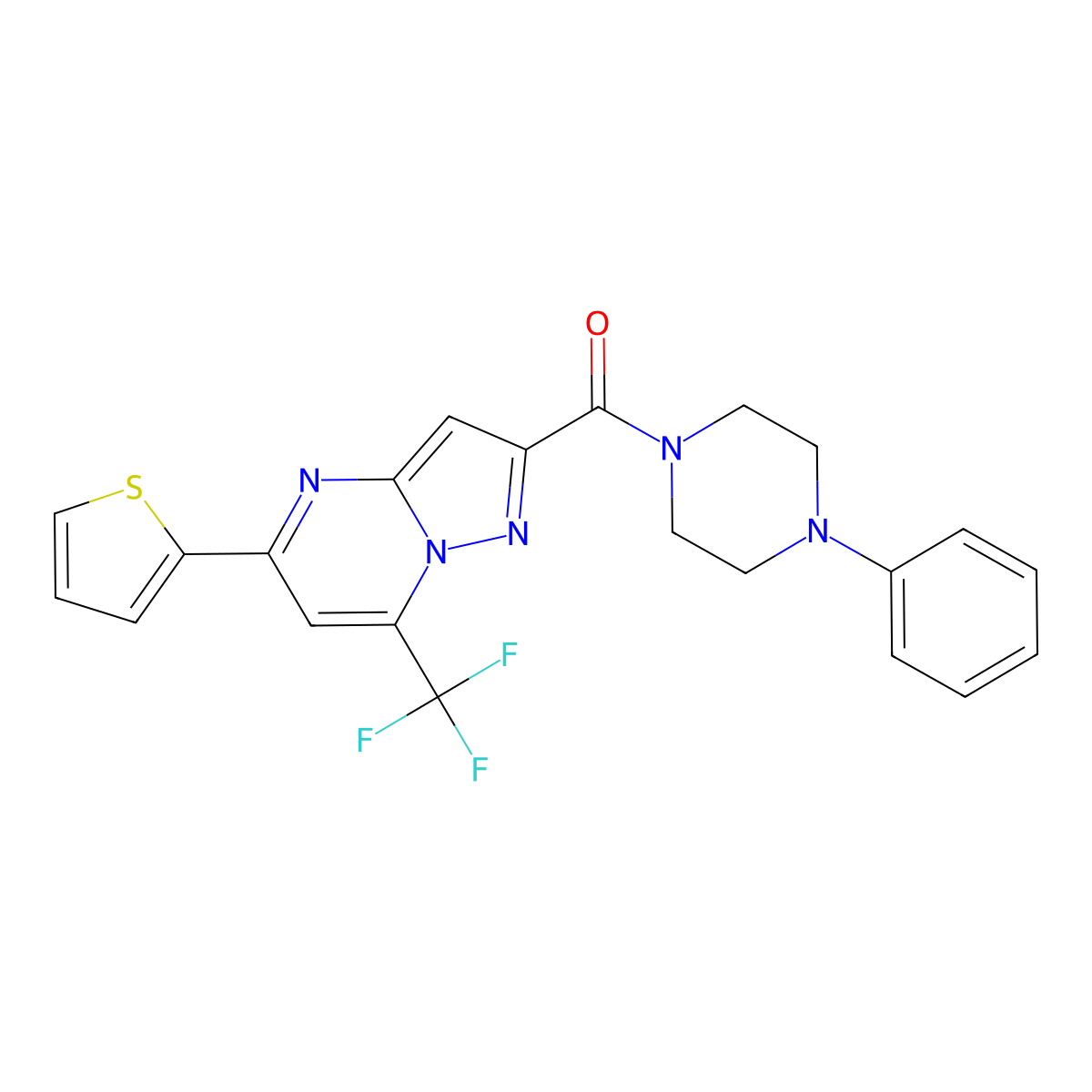 (4-Phenylpiperazin-1-yl)-[5-thiophen-2-yl-7-(trifluoromethyl)pyrazolo[1,5-a]pyrimidin-2-yl]methanone molecular structure, CAS 312634-34-7