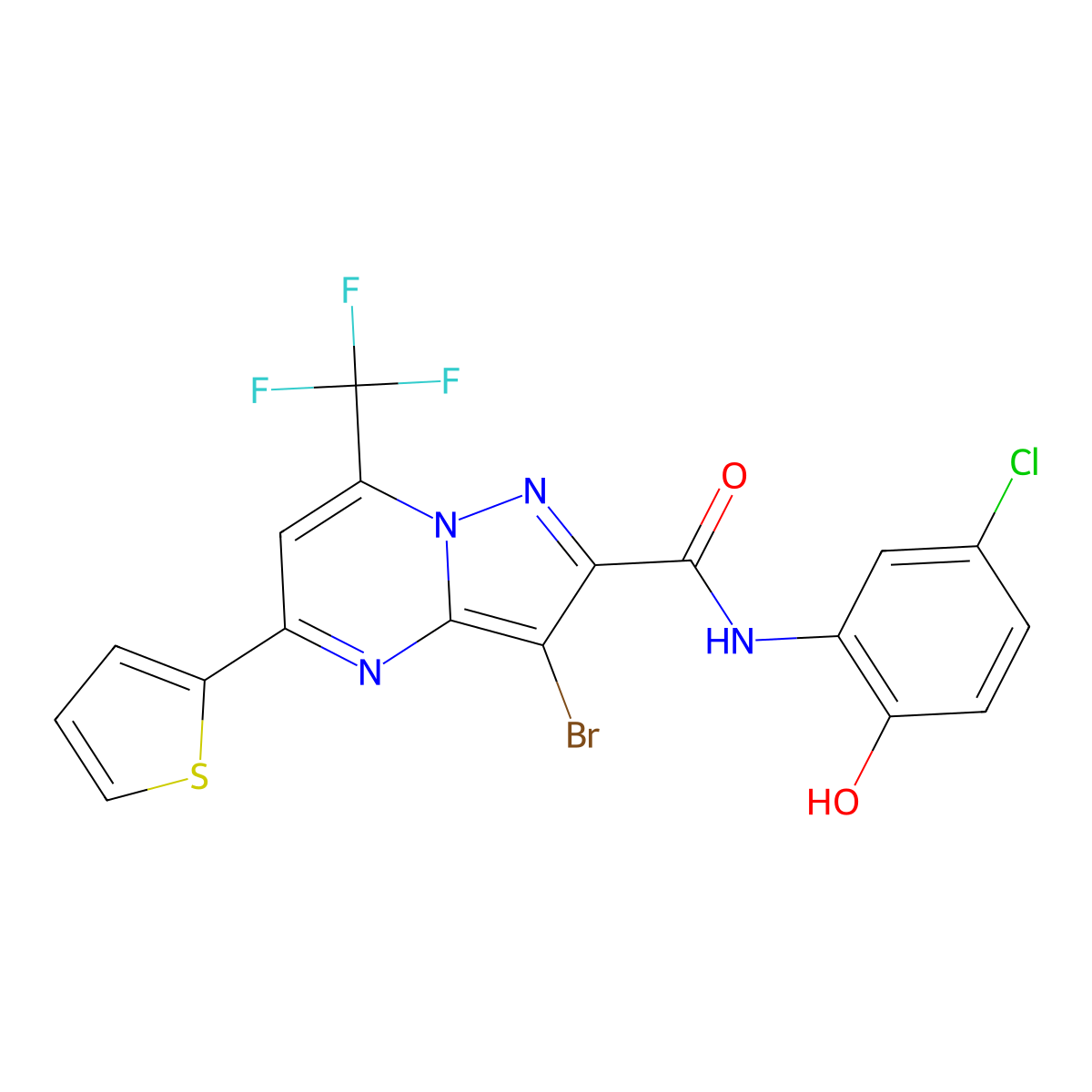 3-bromo-N-(5-chloro-2-hydroxyphenyl)-5-(thiophen-2-yl)-7-(trifluoromethyl)pyrazolo[1,5-a]pyrimidine-2-carboxamide molecular structure, CAS 312634-50-7