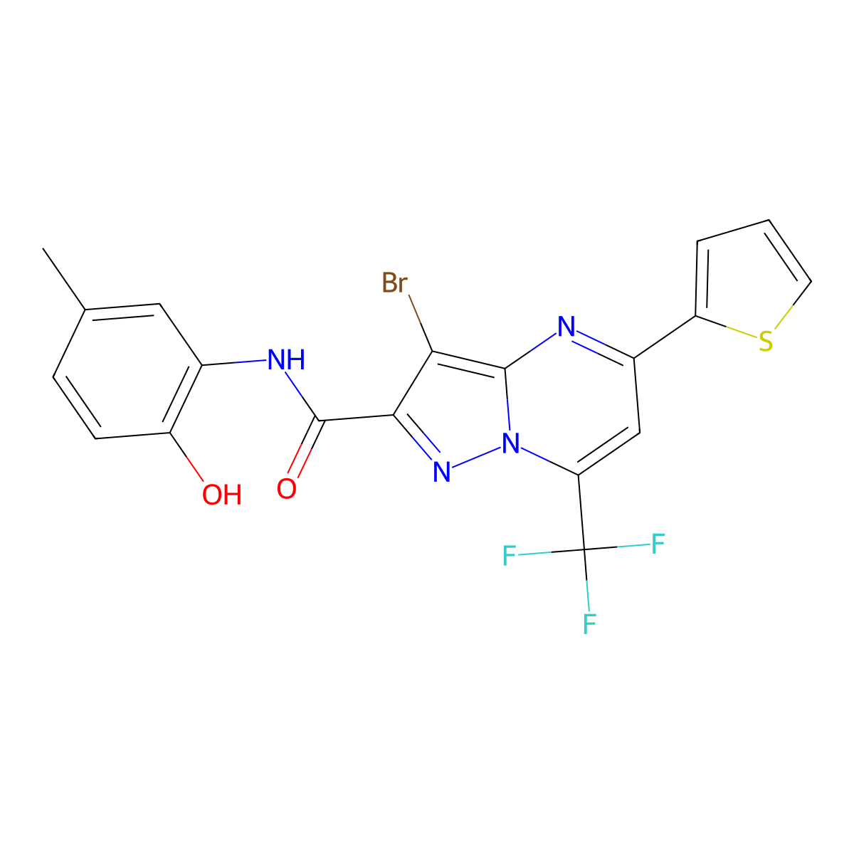 3-bromo-N-(2-hydroxy-5-methylphenyl)-5-(thiophen-2-yl)-7-(trifluoromethyl)pyrazolo[1,5-a]pyrimidine-2-carboxamide molecular structure, CAS 312634-52-9
