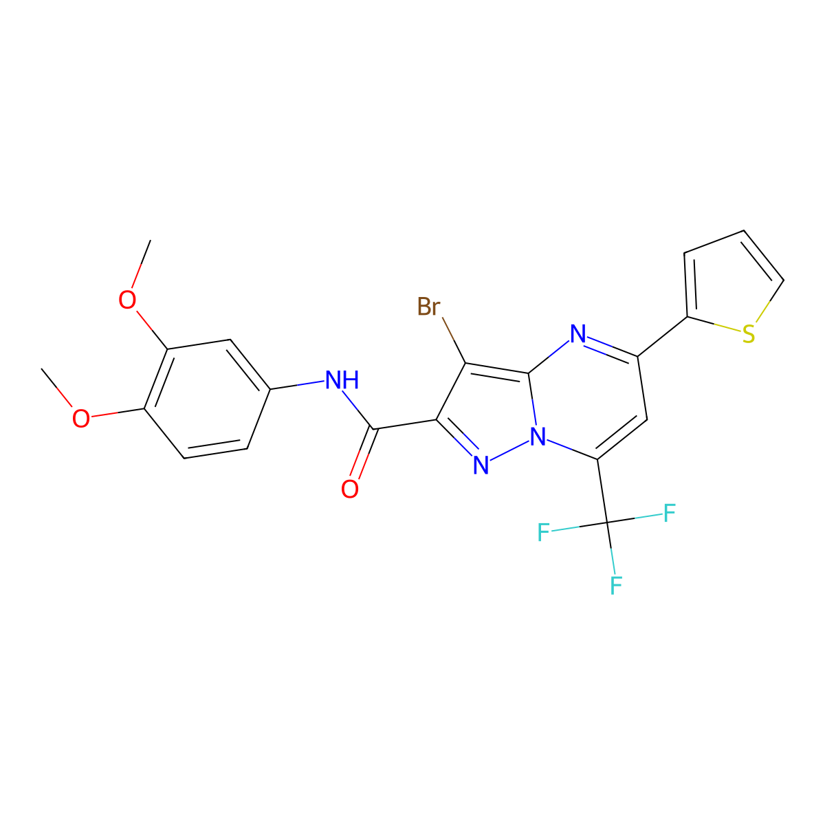 3-bromo-N-(3,4-dimethoxyphenyl)-5-(thiophen-2-yl)-7-(trifluoromethyl)pyrazolo[1,5-a]pyrimidine-2-carboxamide molecular structure, CAS 312634-59-6