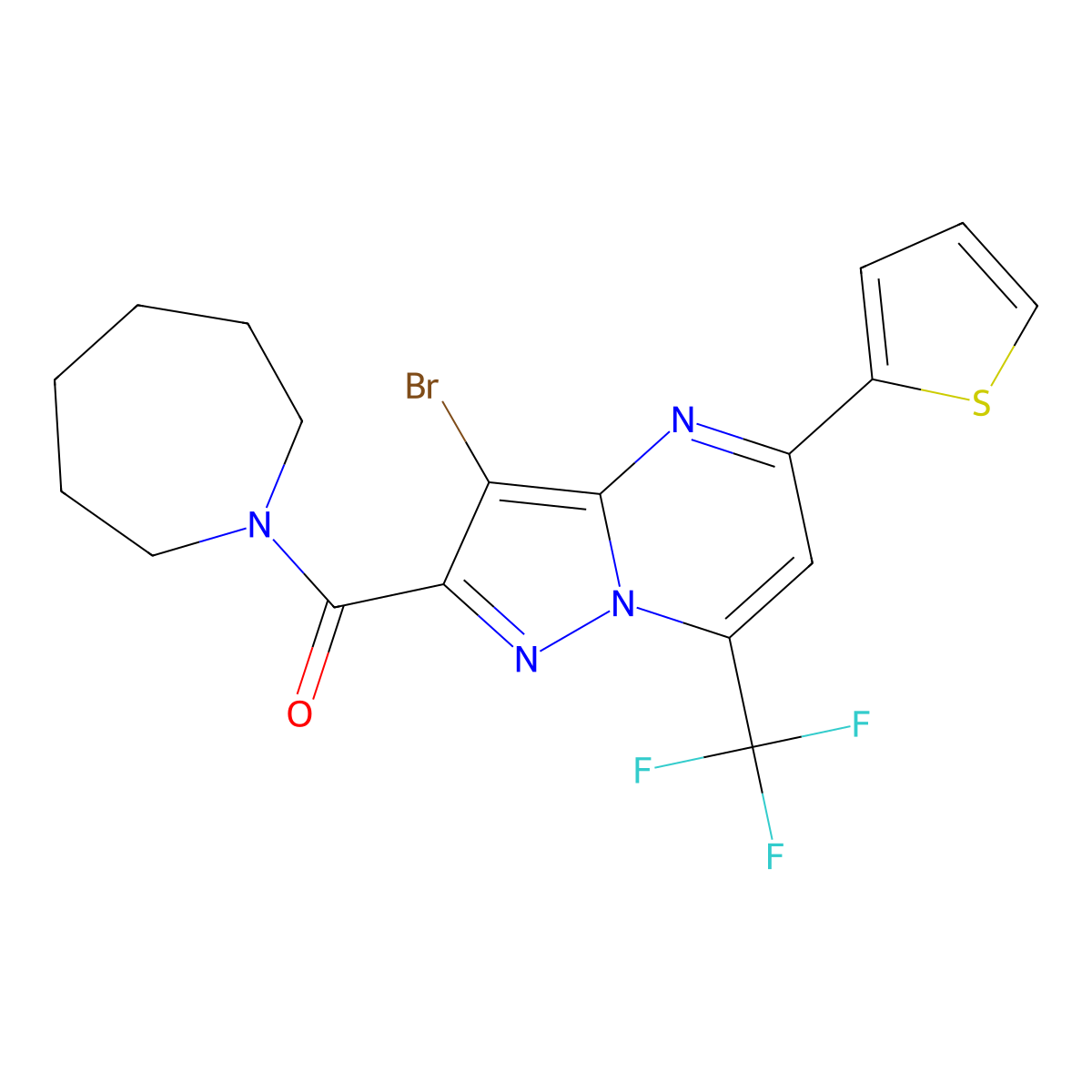 Azepan-1-yl-[3-bromo-5-thiophen-2-yl-7-(trifluoromethyl)pyrazolo[1,5-a]pyrimidin-2-yl]methanone molecular structure, CAS 312634-60-9