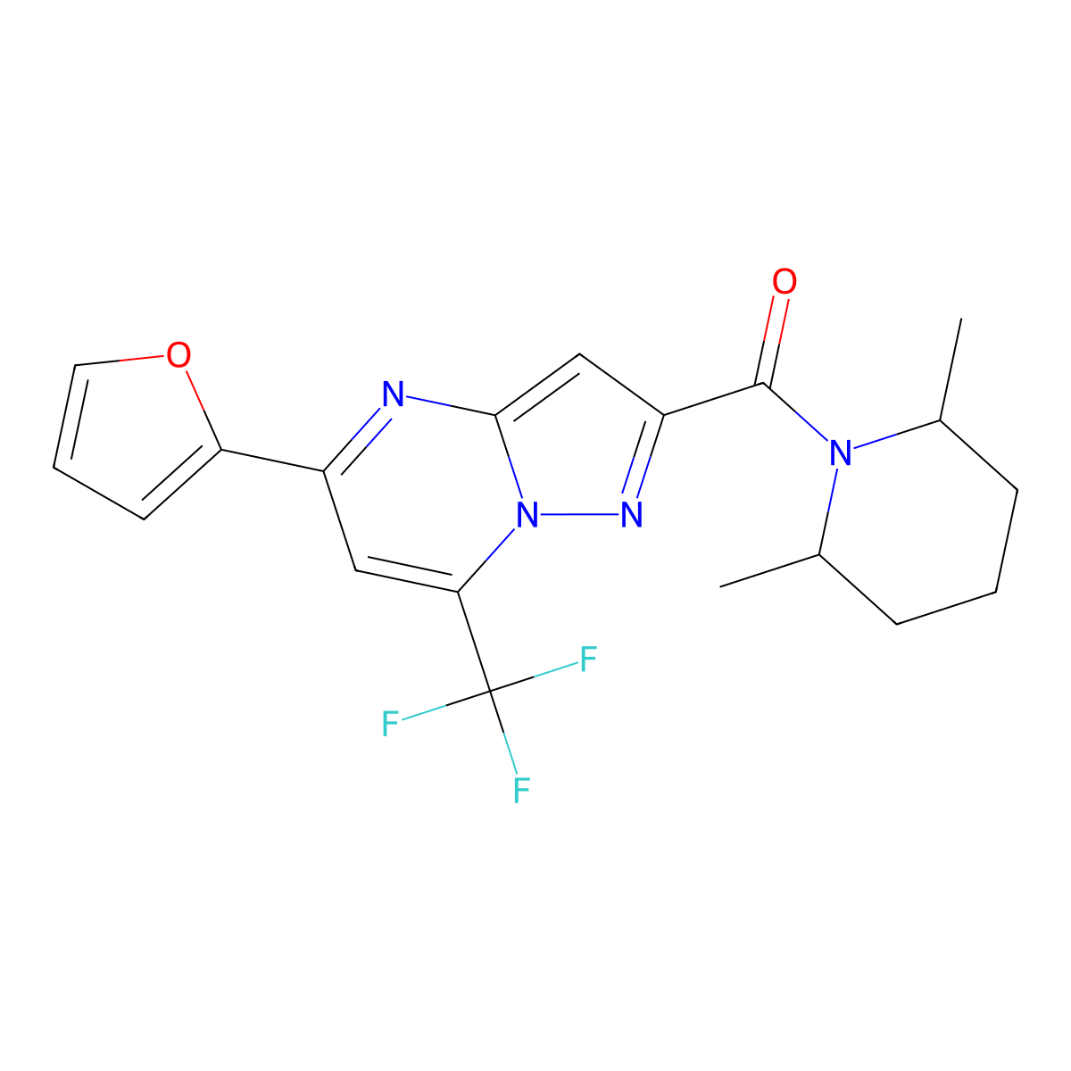 (2,6-Dimethylpiperidin-1-yl)-[5-(furan-2-yl)-7-(trifluoromethyl)pyrazolo[1,5-a]pyrimidin-2-yl]methanone molecular structure, CAS 312634-65-4