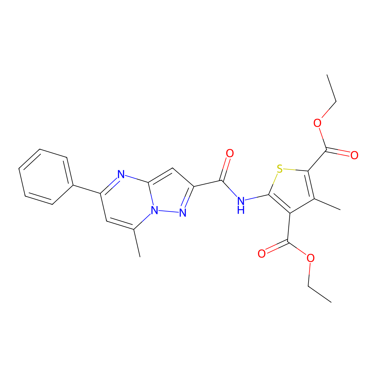 Diethyl 3-methyl-5-[(7-methyl-5-phenylpyrazolo[1,5-a]pyrimidine-2-carbonyl)amino]thiophene-2,4-dicarboxylate molecular structure, CAS 312635-09-9