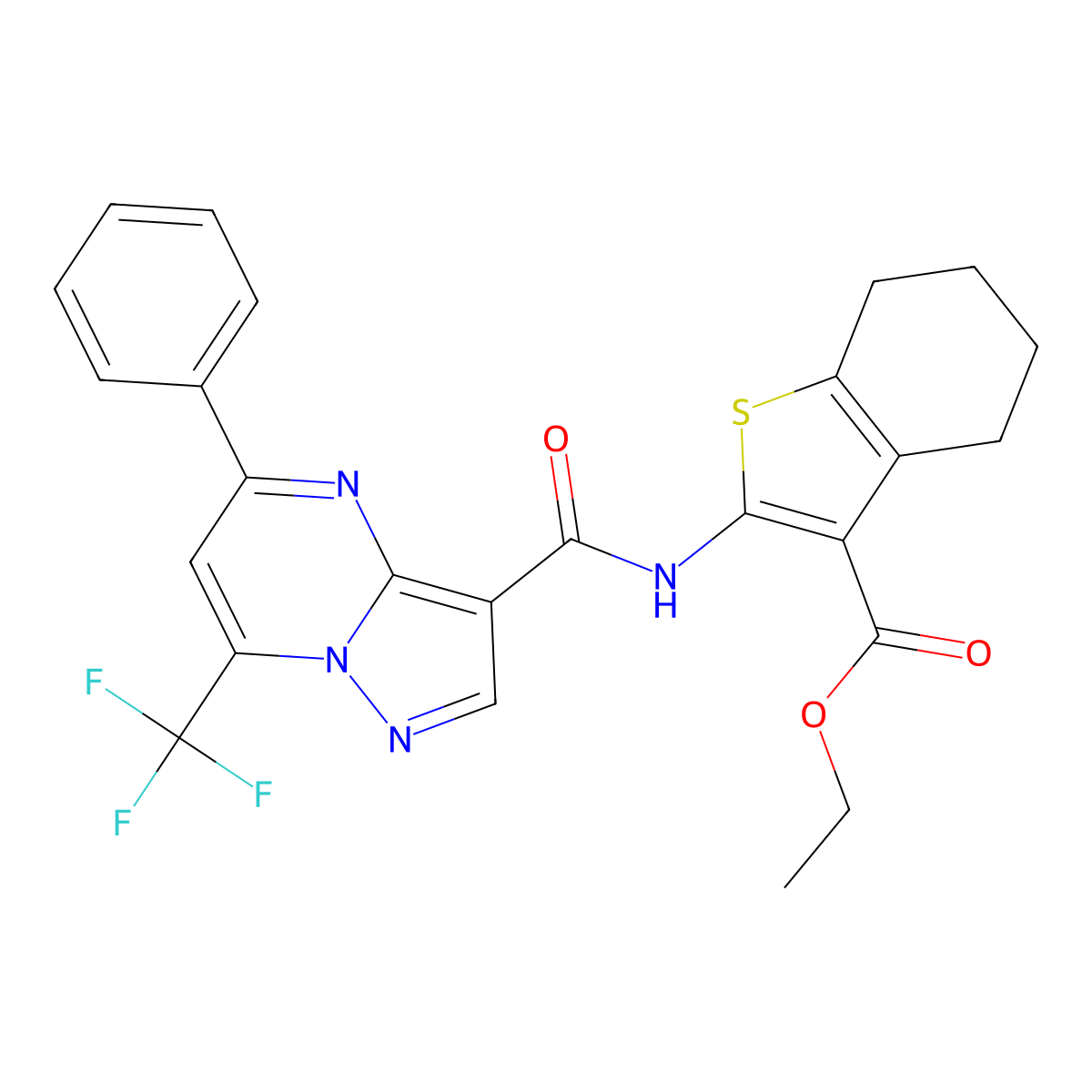 Ethyl 2-({[5-phenyl-7-(trifluoromethyl)pyrazolo[1,5-a]pyrimidin-3-yl]carbonyl}amino)-4,5,6,7-tetrahydro-1-benzothiophene-3-carboxylate molecular structure, CAS 312635-27-1