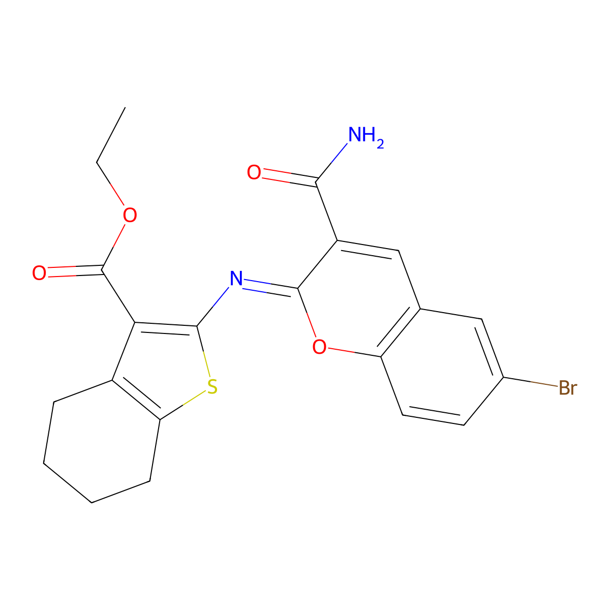 Ethyl 2-[[3-(aminocarbonyl)-6-bromo-2H-1-benzopyran-2-ylidene]amino]-4,5,6,7-tetrahydrobenzo[b]thiophene-3-carboxylate molecular structure, CAS 312636-29-6