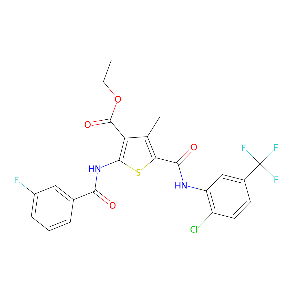 Ethyl 5-{[2-chloro-5-(trifluoromethyl)phenyl]carbamoyl}-2-(3-fluorobenzamido)-4-methylthiophene-3-carboxylate molecular structure, CAS 312696-64-3