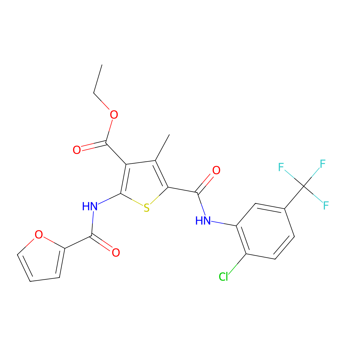 Ethyl 5-{[2-chloro-5-(trifluoromethyl)phenyl]carbamoyl}-2-(furan-2-amido)-4-methylthiophene-3-carboxylate molecular structure, CAS 312696-70-1
