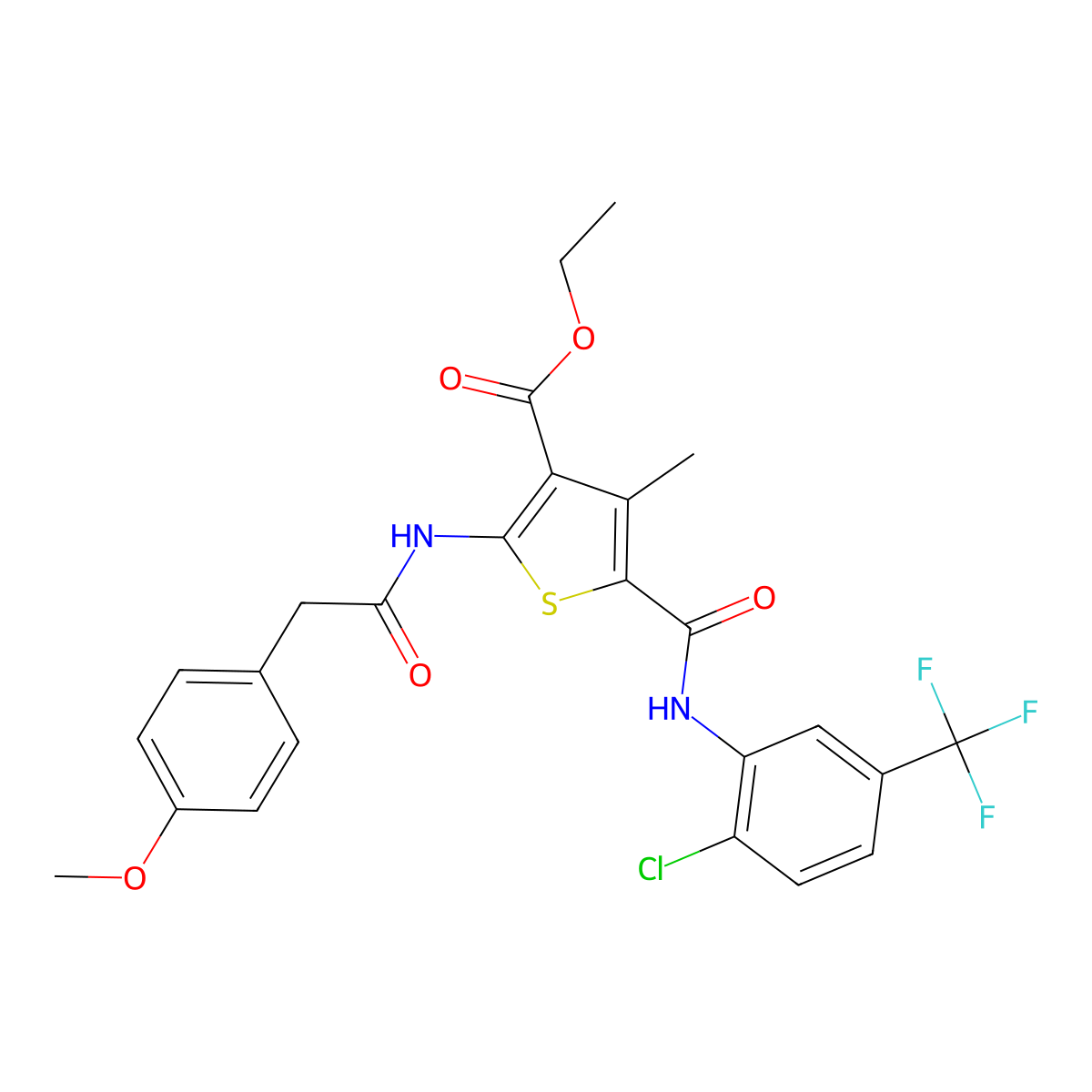 Ethyl 5-{[2-chloro-5-(trifluoromethyl)phenyl]carbamoyl}-2-{[(4-methoxyphenyl)acetyl]amino}-4-methylthiophene-3-carboxylate molecular structure, CAS 312696-71-2