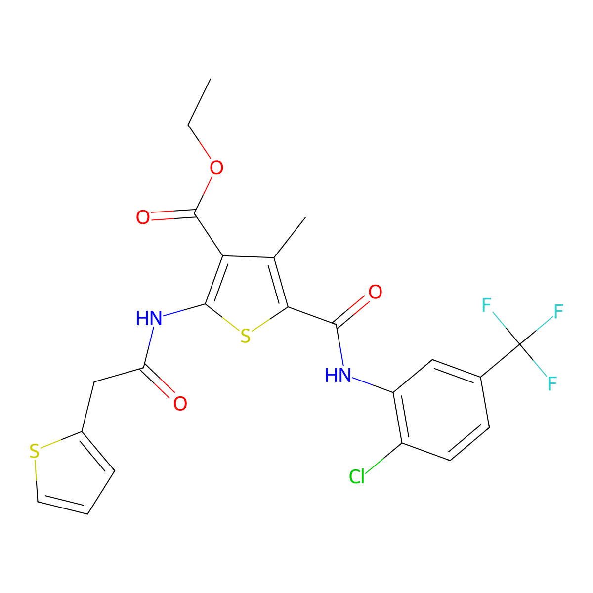 Ethyl 5-{[2-chloro-5-(trifluoromethyl)phenyl]carbamoyl}-4-methyl-2-[(thiophen-2-ylacetyl)amino]thiophene-3-carboxylate molecular structure, CAS 312696-79-0