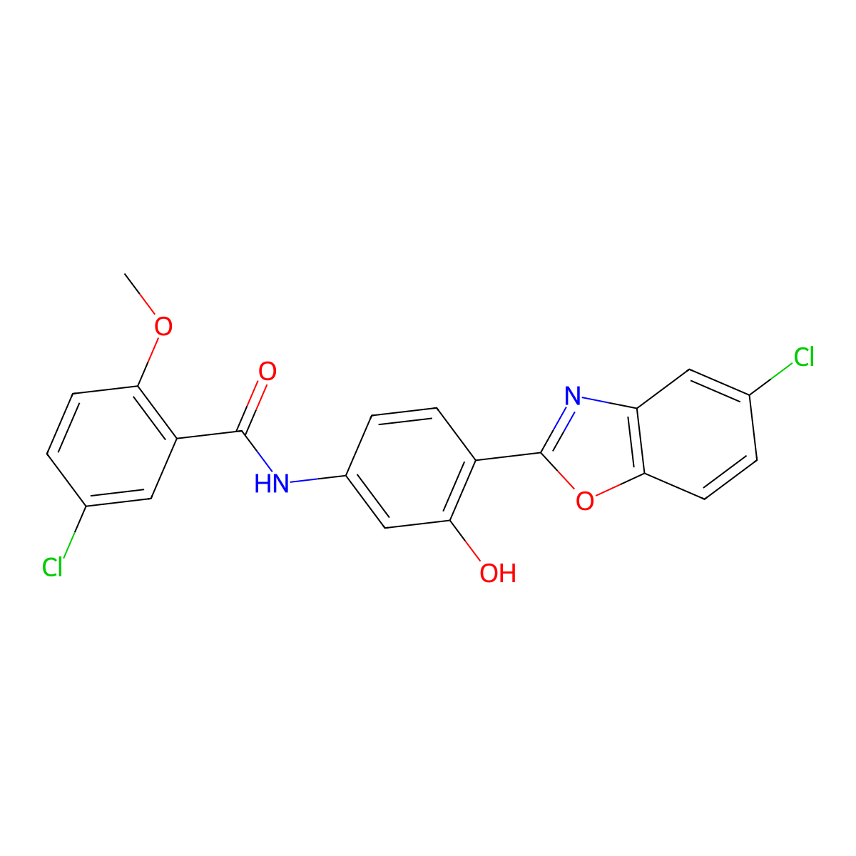 5-chloro-N-[4-(5-chloro-1,3-benzoxazol-2-yl)-3-hydroxyphenyl]-2-methoxybenzamide molecular structure, CAS 312697-22-6