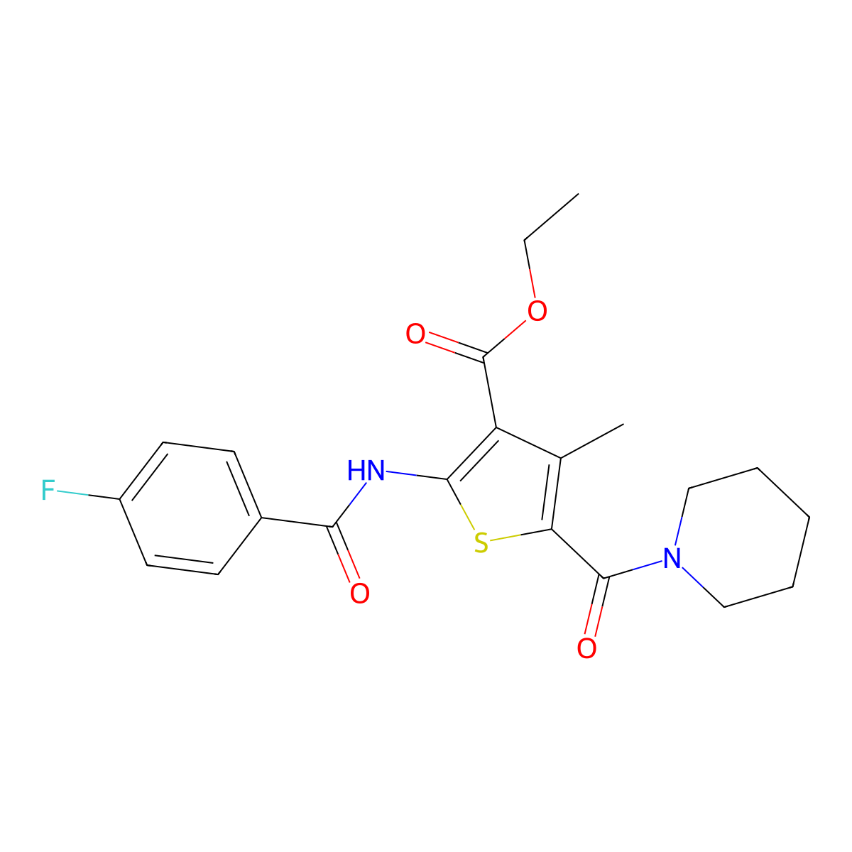 Ethyl 2-[(4-fluorobenzoyl)amino]-4-methyl-5-(1-piperidinylcarbonyl)-3-thiophenecarboxylate molecular structure, CAS 312697-76-0