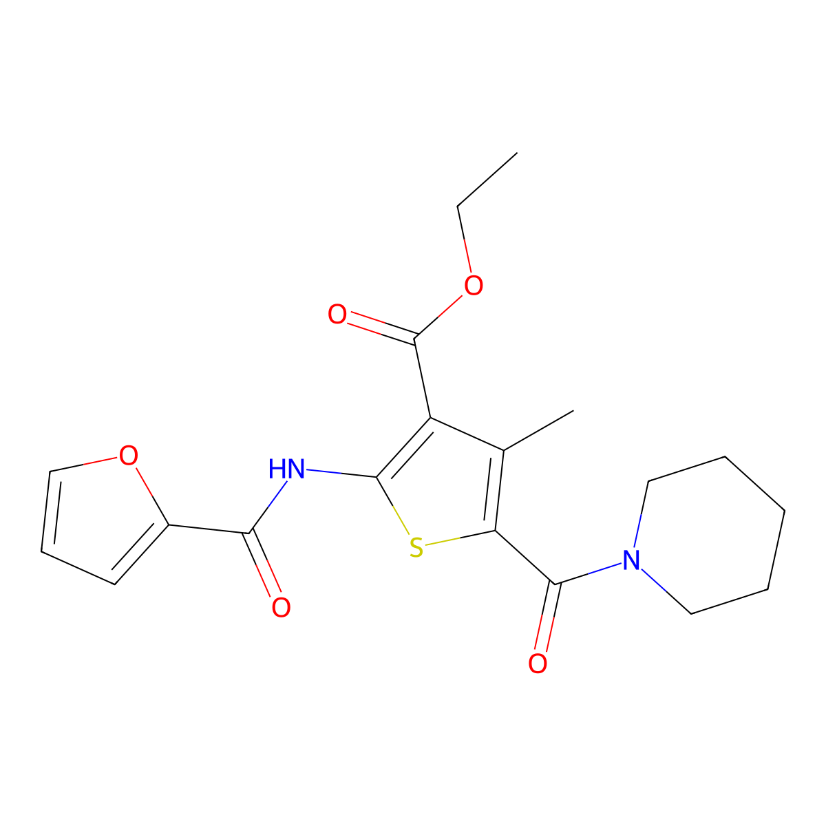 Ethyl 2-(2-furoylamino)-4-methyl-5-(1-piperidinylcarbonyl)-3-thiophenecarboxylate molecular structure, CAS 312697-78-2