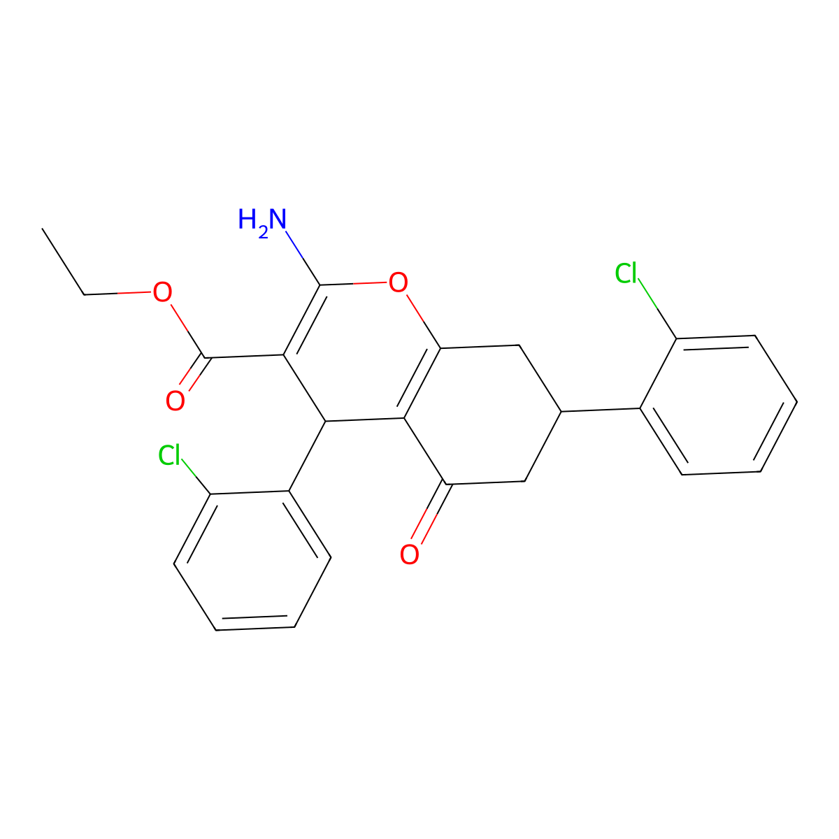 ethyl 2-amino-4,7-bis(2-chlorophenyl)-5-oxo-5,6,7,8-tetrahydro-4H-chromene-3-carboxylate molecular structure, CAS 312697-86-2