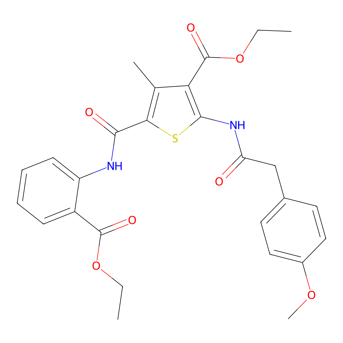 Ethyl 5-{[2-(ethoxycarbonyl)phenyl]carbamoyl}-2-[2-(4-methoxyphenyl)acetamido]-4-methylthiophene-3-carboxylate molecular structure, CAS 312698-07-0