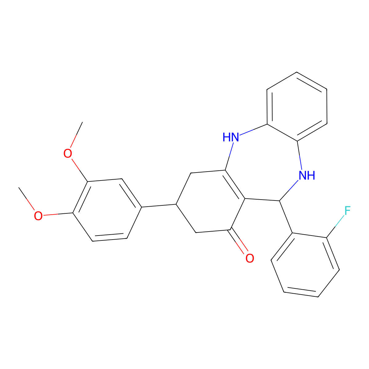 9-(3,4-Dimethoxyphenyl)-6-(2-fluorophenyl)-5,6,8,9,10,11-hexahydrobenzo[b][1,4]benzodiazepin-7-one molecular structure, CAS 312698-08-1
