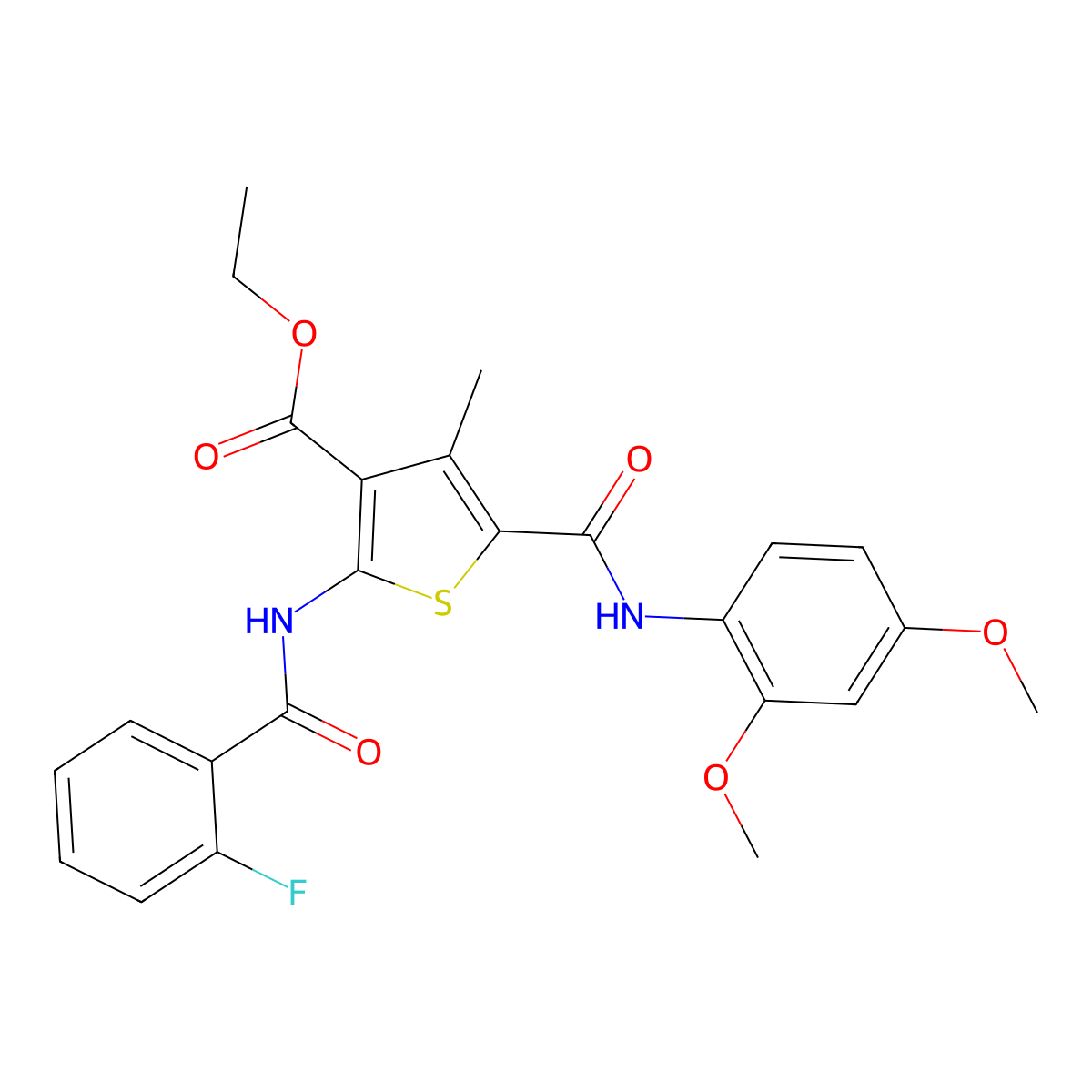 Ethyl 5-[(2,4-dimethoxyphenyl)carbamoyl]-2-(2-fluorobenzamido)-4-methylthiophene-3-carboxylate molecular structure, CAS 312698-09-2