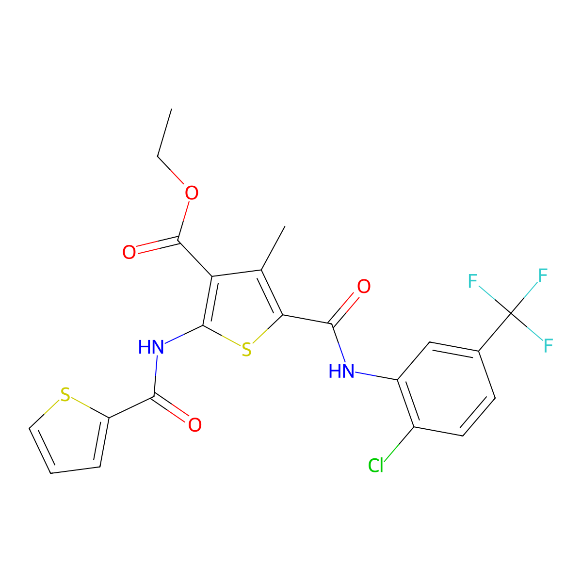 Ethyl 5-{[2-chloro-5-(trifluoromethyl)phenyl]carbamoyl}-4-methyl-2-(thiophene-2-amido)thiophene-3-carboxylate molecular structure, CAS 312698-10-5